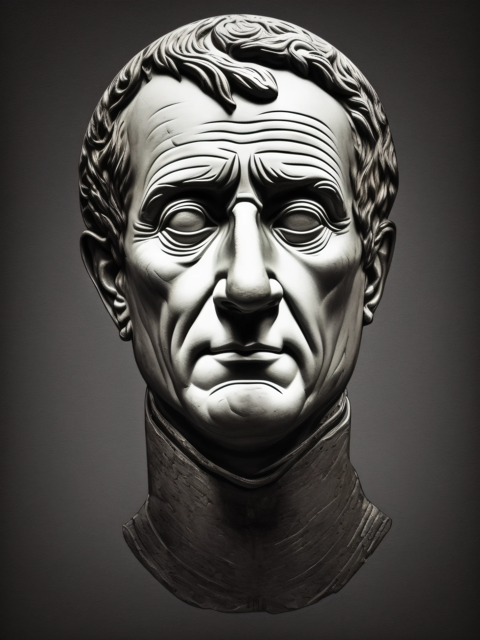 Bust of Emperor Julius Caesar, t-shirt art, 2D, ((black background :1, 5)), vector, vivid colors, masterpiece, best quality, intricate details, perfect symmetrical face, realistic details, gothic theme, rim light, moonlight, cinematic shading, Greg Rutkowis