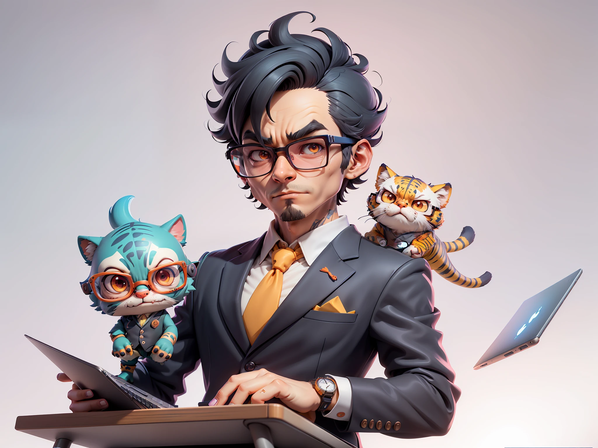 A young man in a suit, Short hair and glasses sat at his desk，holding laptop，digitial painting，tigre，3D character design by Mark Clairen and Pixar and Hayao Miyazaki and Akira Toriyama，4K HD illustration，Very detailed facial features and cartoon-style visuals。