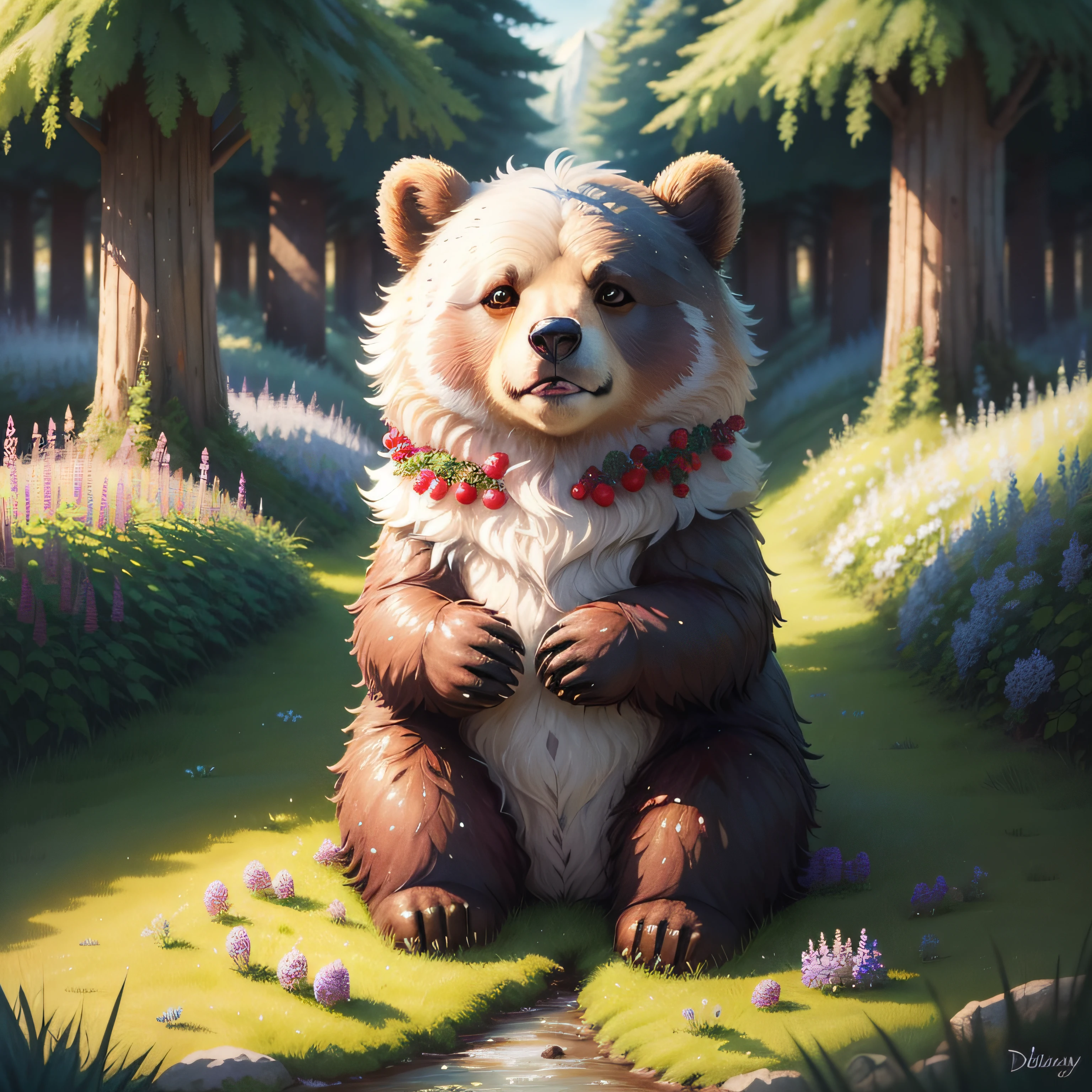Everyone loves a bear, wet watercolor illustration, acrylic, adorable bear with fluffy fur, watercolor paper texture, raspberries, grapes, blackberries, currants, flowers, flowering herbs, wild herbs, thistle, delphinium, juniper, vine, moss, stones with moss, forest paths in the grass, forest park nature beauty purity sincerity cuteness fabulous illustrators