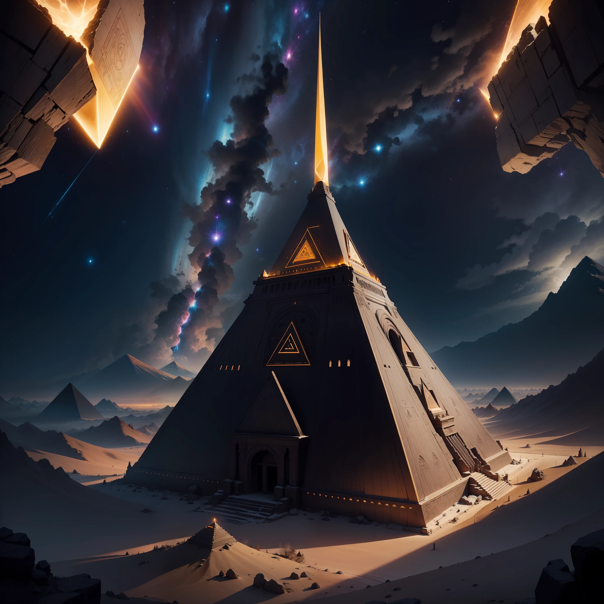 The image presents a stunning view into the vast cosmos, where a mysterious Masonic pyramid hovers majestically. The pyramid is composed of ancient and intricately carved stones, emanating an enigmatic and powerful aura. Its soft glow contrasts with the dark depths of outer space.

Around the pyramid, stars twinkle in all directions, forming unknown constellations, while colorful nebulae create a stunning backdrop. The pyramid seems to float effortlessly, sem qualquer sinal de gravidade, Defying the known laws of physics.

No entanto, The meaning of the pyramid remains a mystery. Masonic symbols and ancient hieroglyphics adorn its surfaces, sugerindo uma sabedoria ancestral e profunda. Perhaps it is a beacon of cosmic knowledge, a portal to unknown dimensions or a monument to the ancient connection between humanity and the stars.