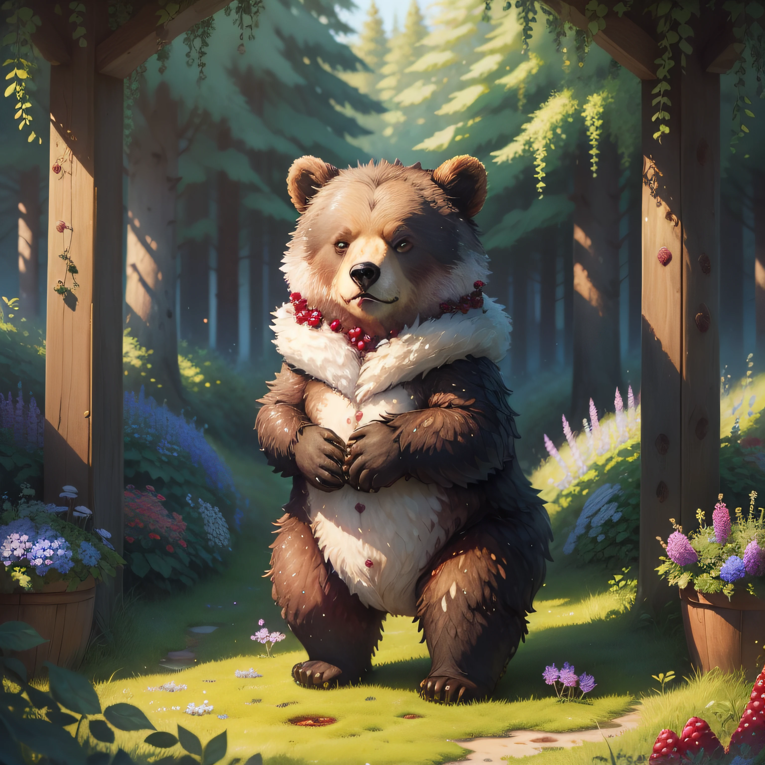 Everyone loves a bear, wet watercolor illustration, acrylic, adorable bear with fluffy fur, watercolor paper texture, raspberries, grapes, blackberries, currants, flowers, flowering herbs, wild herbs, thistle, delphinium, juniper, vine, moss, stones with moss, forest paths in the grass, forest park nature beauty purity sincerity cuteness fabulous illustrators