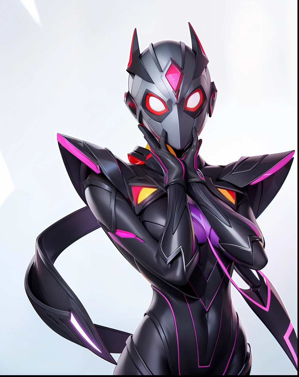 The beautiful figure of Ultraman Woman。Covering his true face with a black mask。Drossel's eyes shine。The whole body is covered in a black bodysuit。One female protagonist。Purple lines color the whole body beautifully。On the chest there is a glowing core。