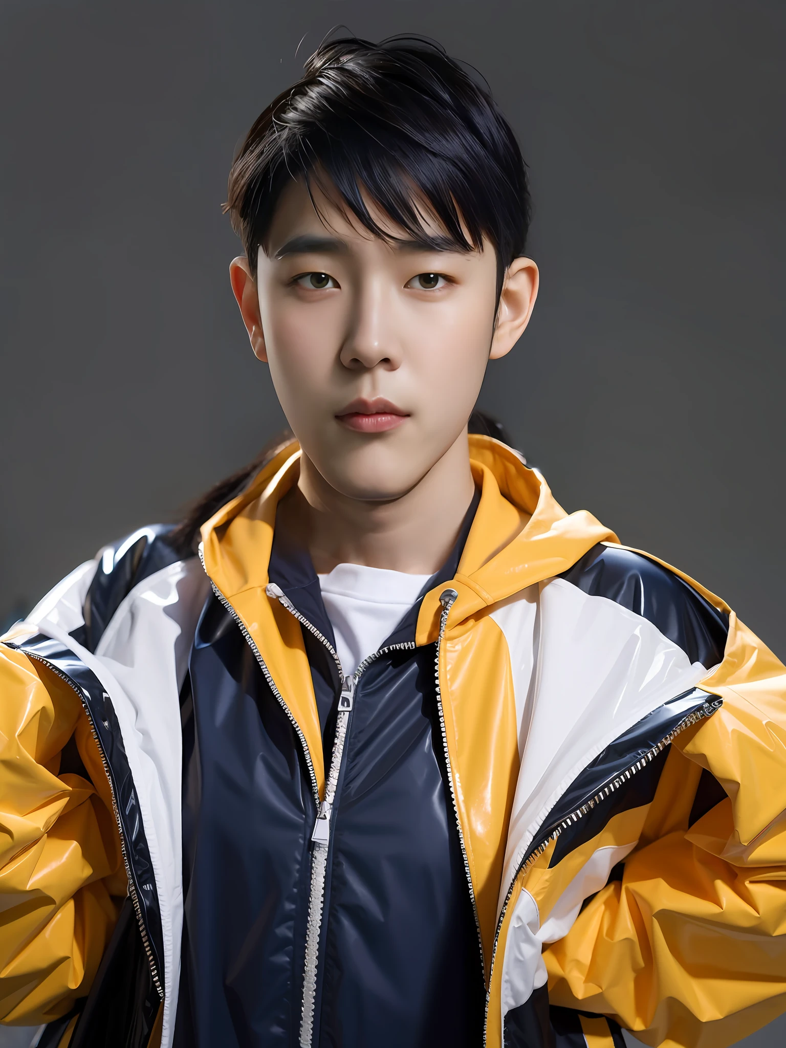 A Chinese high school girl，Wear a sweatshirt and raincoat in PVC，There are zippers，There are hats