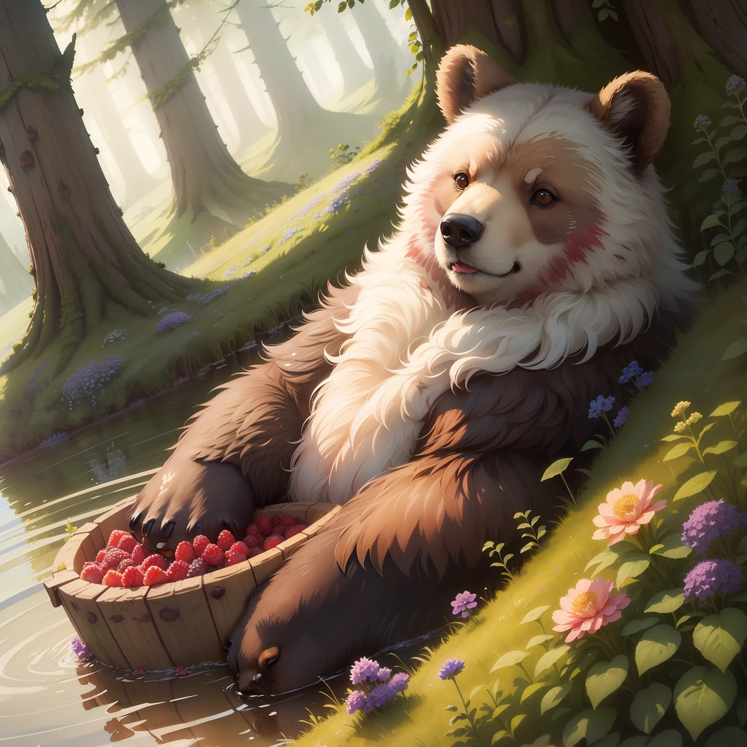 Everyone loves a bear, wet watercolor illustration, acrylic, adorable bear with fluffy fur, watercolor paper texture, raspberries, grapes, blackberries, currants, flowers, flowering herbs, wild herbs, thistle, delphinium, juniper, vine, moss, stones with moss, forest paths in the grass, forest park nature beauty purity sincerity cuteness fabulous illustrators