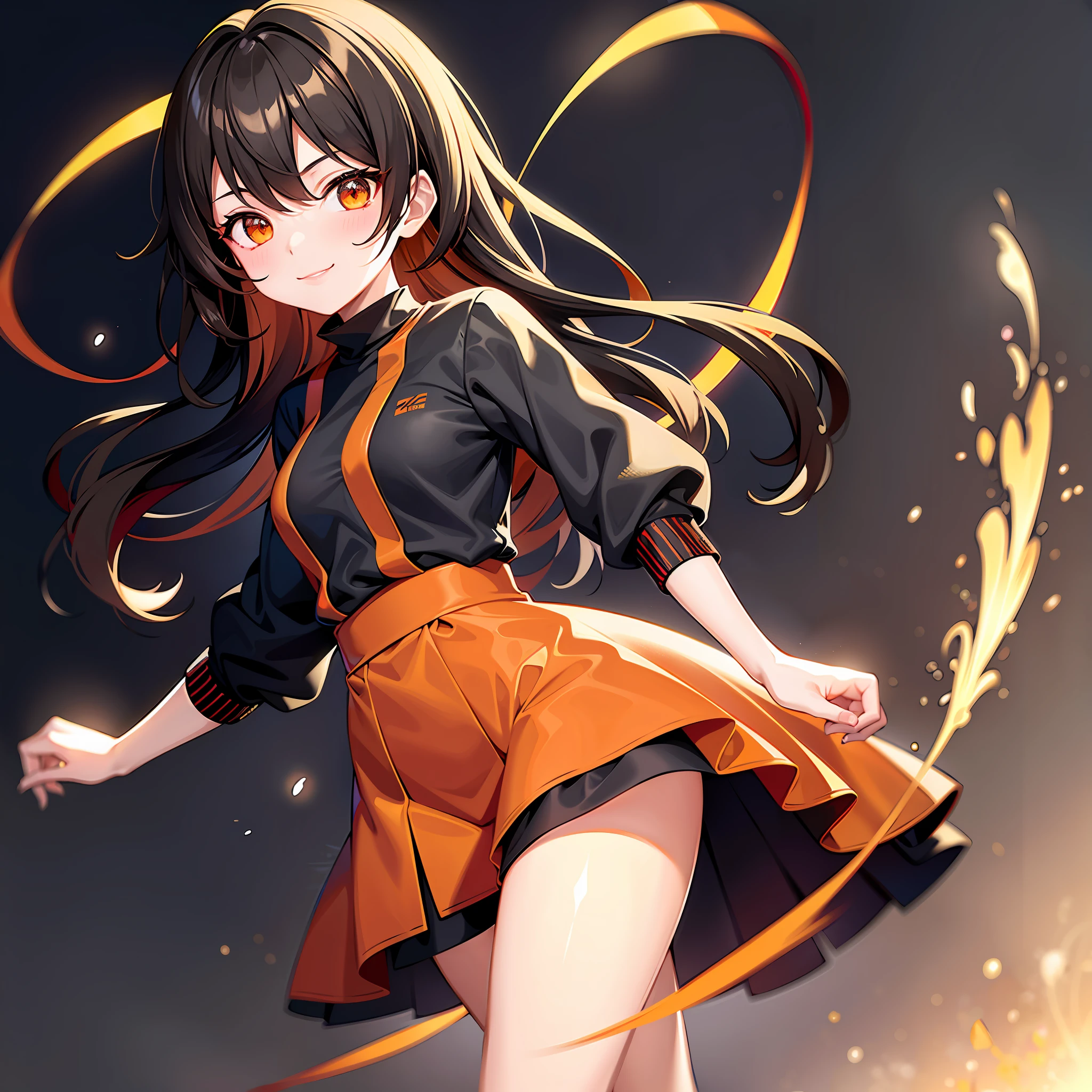 In the midst of a pulsing energy, a cute smiling girl of only . Ripples of orange light went through the air, which quickly retreated into the folds of her skirt. She is a vision of beauty with red and black hair, glowing brown eyes that occasionally glimmered with hazel hues, with a tight orange and black velcro jacket and a orange and black skirt that was always styled in the most majestic of ways.
