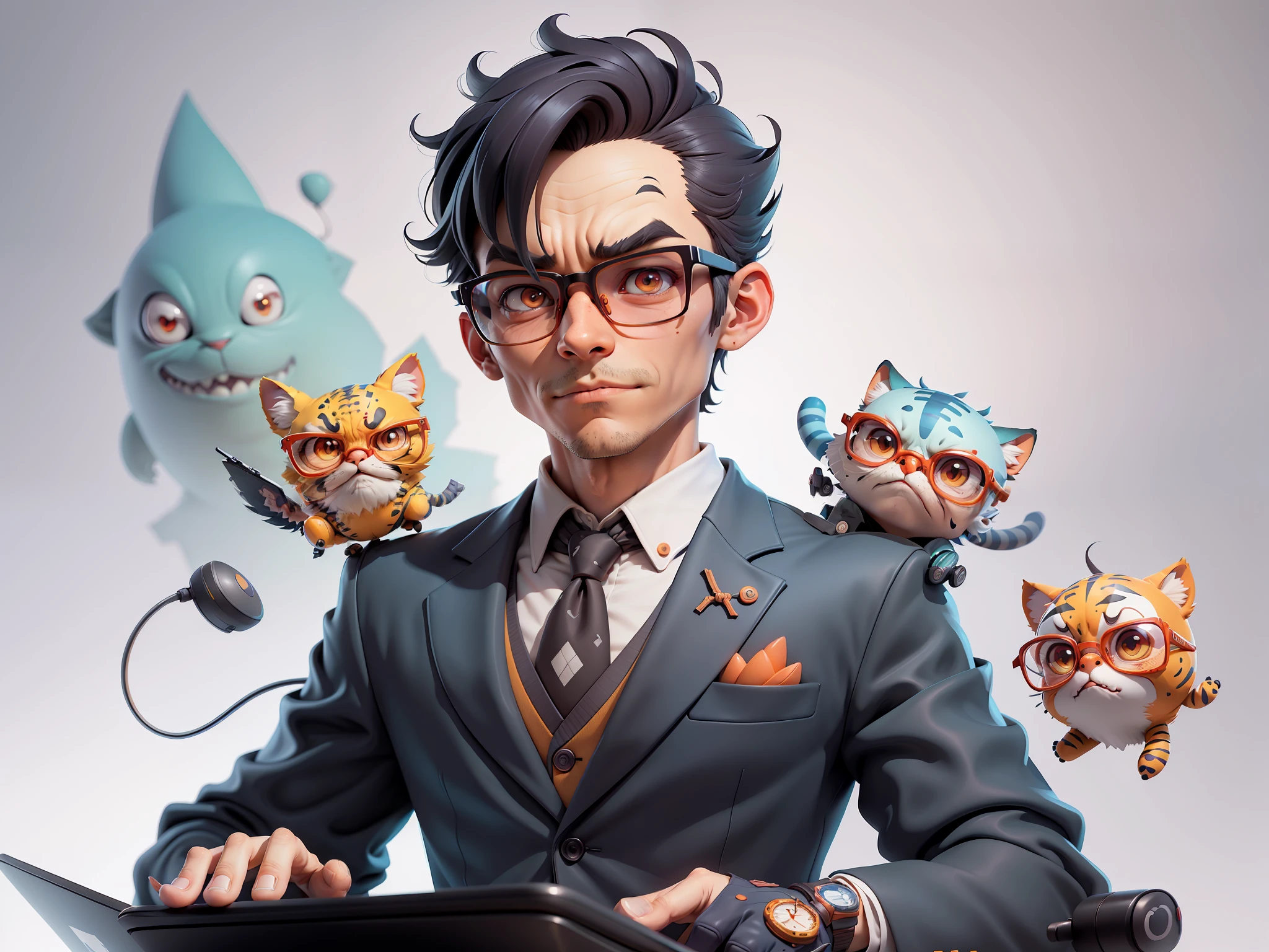 A young man in a suit, Short hair and glasses sat at his desk，holding laptop，digitial painting，tigre，3D character design by Mark Clairen and Pixar and Hayao Miyazaki and Akira Toriyama，4K HD illustration，Very detailed facial features and cartoon-style visuals。