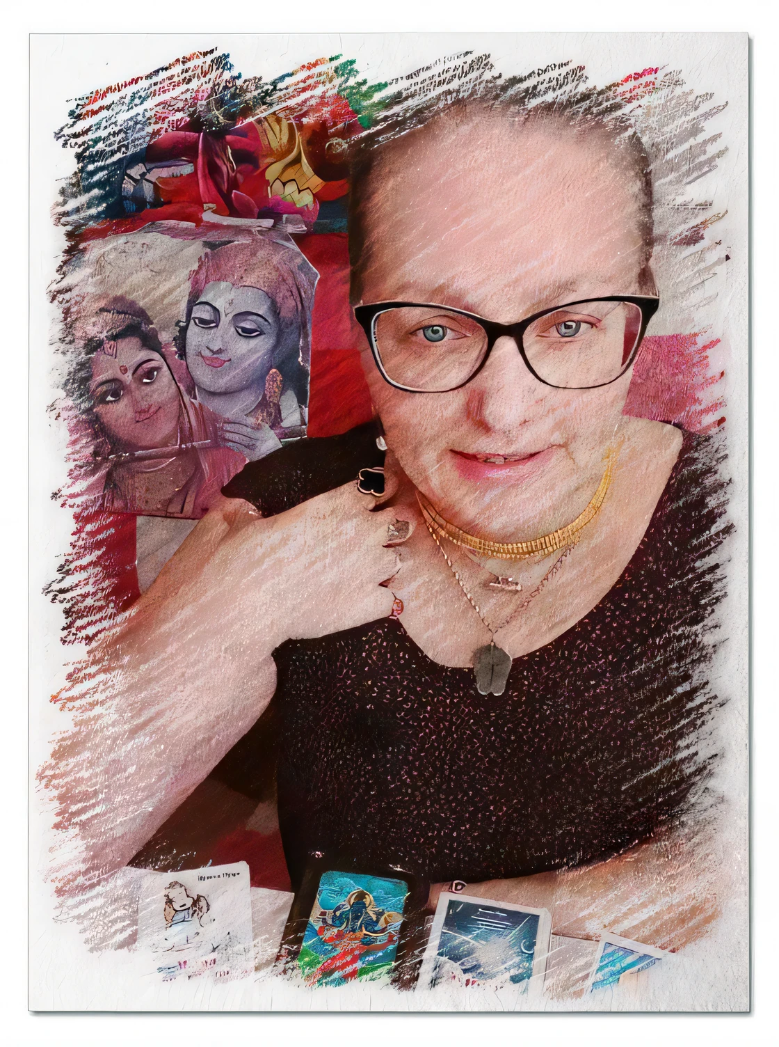 Arafed photo of woman wearing glasses and necklace, photo taken in 2 0 2 0, Like a tarot card, Filmed in 2022, Deity Lesha Hannigan, taken in 2 0 2 0, based on Norma Bull, inspired by Penny Patricia Poppicock, inspired by Ursula Edgekumbe, inspired by Teresa Copnall