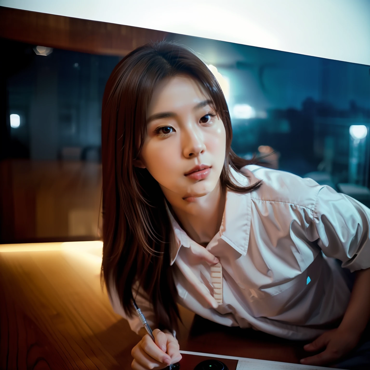 (a view from top corner of room from distance,wide angle cctv footage (cctv point of view)a beautiful girl, dark brown hair sitting on bed in just white cotton shirt, clear face details, holding a phone in hand texting someone, looking into phone,cinematic look,low lights, wooden furniture, hd detailed,(masterpiece:1.2)(dynamic composition:1.4)(high quality), realistic human, realistic detailed,low quality cctv footage, stalking her from cctv