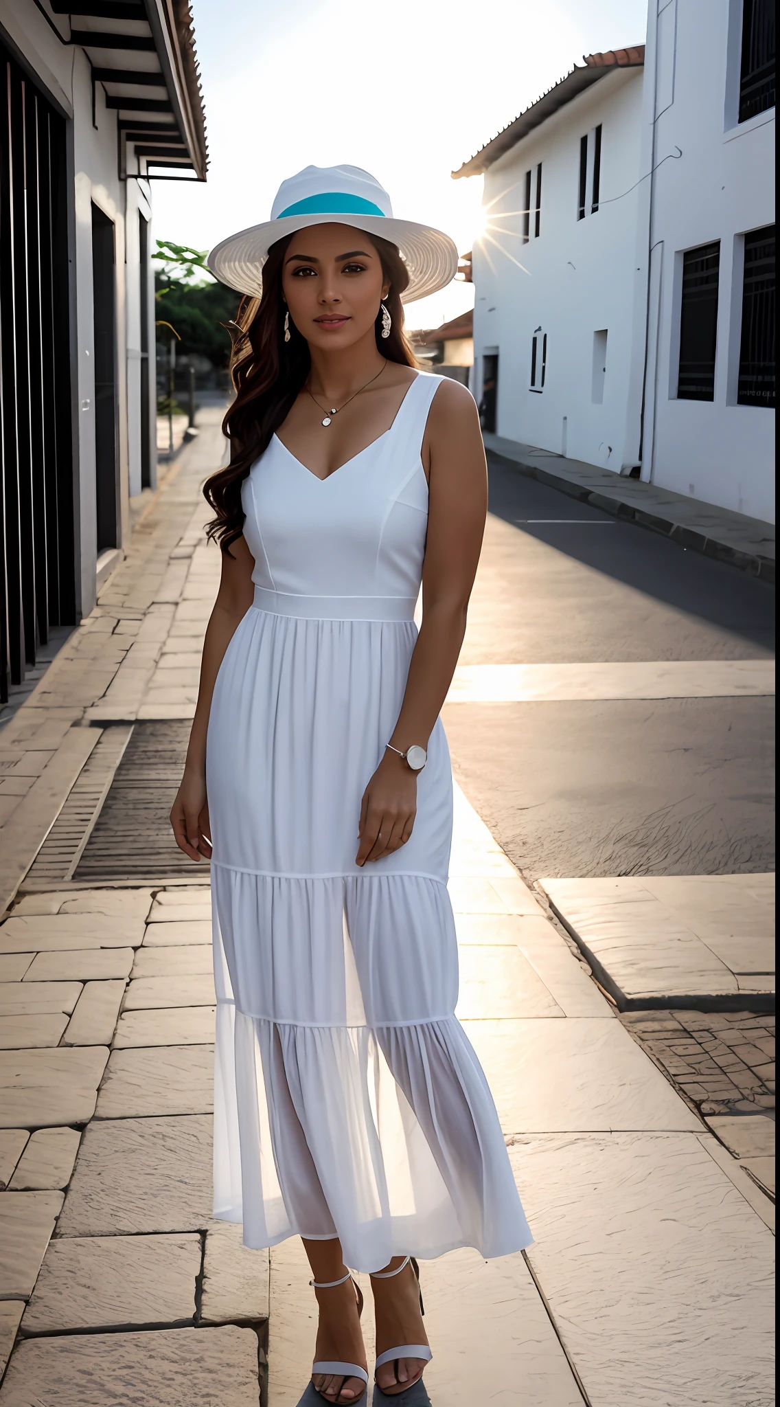 Mulher, sozinha, loira, linda, 30 anos, olhos azuis, vestido branco fino, por do sol, hora dourada, on sidewalk, imagem urbana, white hat, ultra realista, 4 k, fundo desfocado, obra de arte, fine art, olhar misterioso,