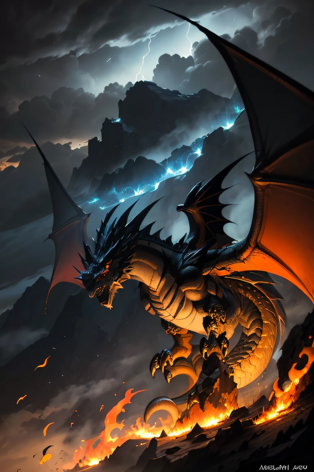 1 Dragon Head (dragon's head, asas (asas de corvo, wings entwined by flames, asas enormes desdobradas), Dark sky and dark clouds (heaven, montanhas ))