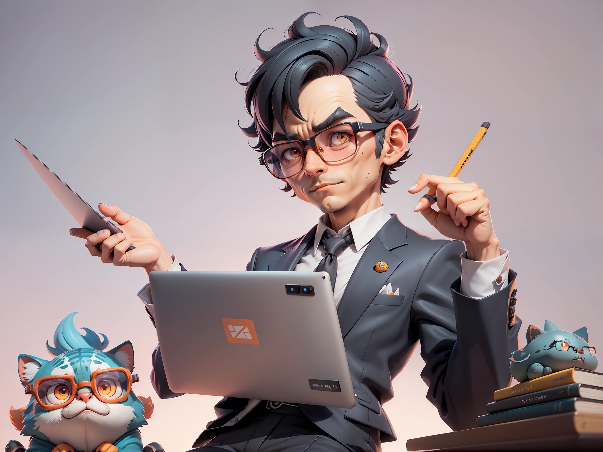 A young man in a suit, Short hair and glasses sat at his desk,holding laptop,digitial painting,tigre,3D character design by Mark Clairen and Pixar and Hayao Miyazaki and Akira Toriyama,4K HD illustration,Very detailed facial features and cartoon-style visuals。