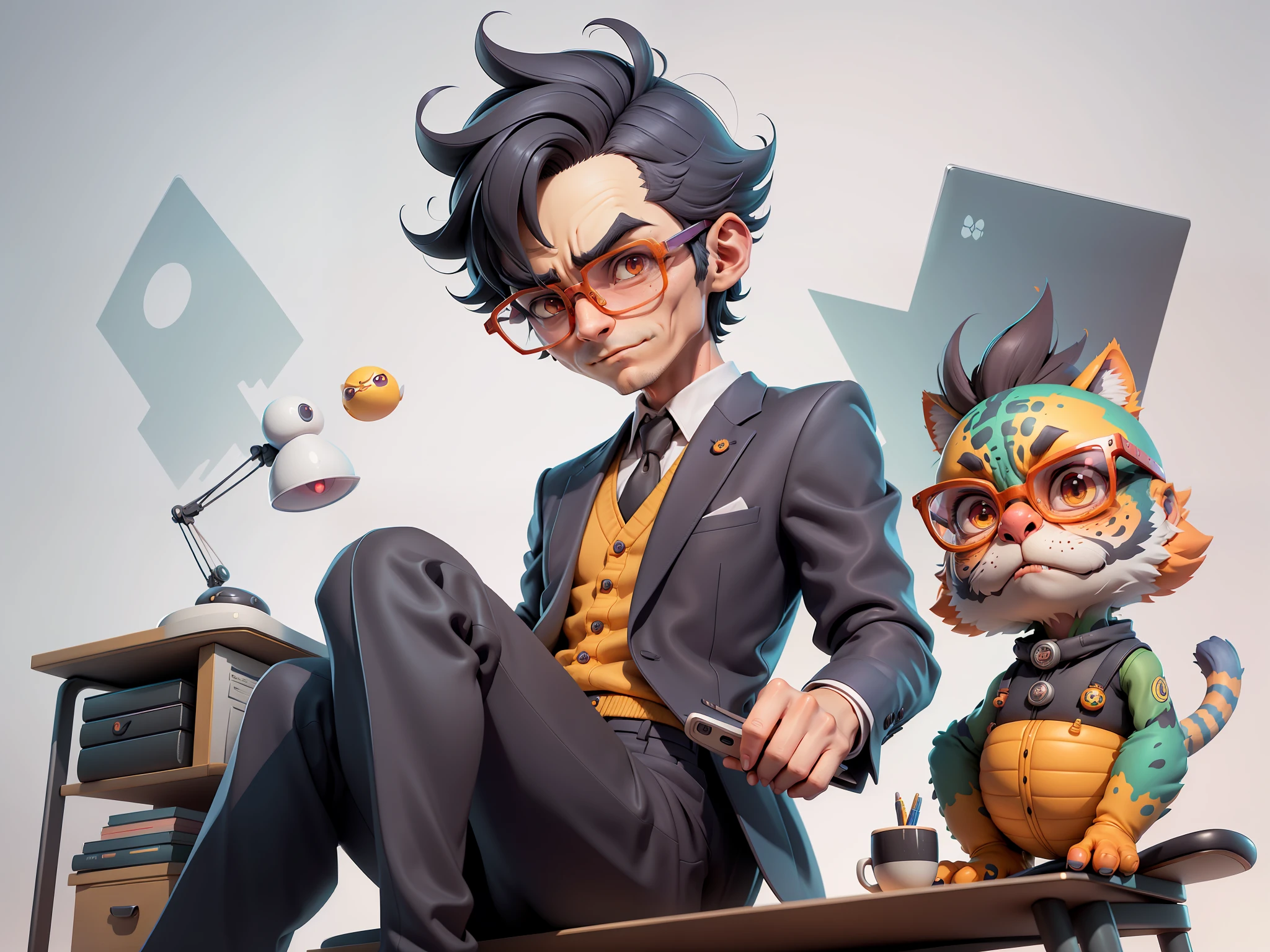 A young man in a suit, Short hair and glasses sat at his desk,holding laptop,digitial painting,tigre,3D character design by Mark Clairen and Pixar and Hayao Miyazaki and Akira Toriyama,4K HD illustration,Very detailed facial features and cartoon-style visuals。
