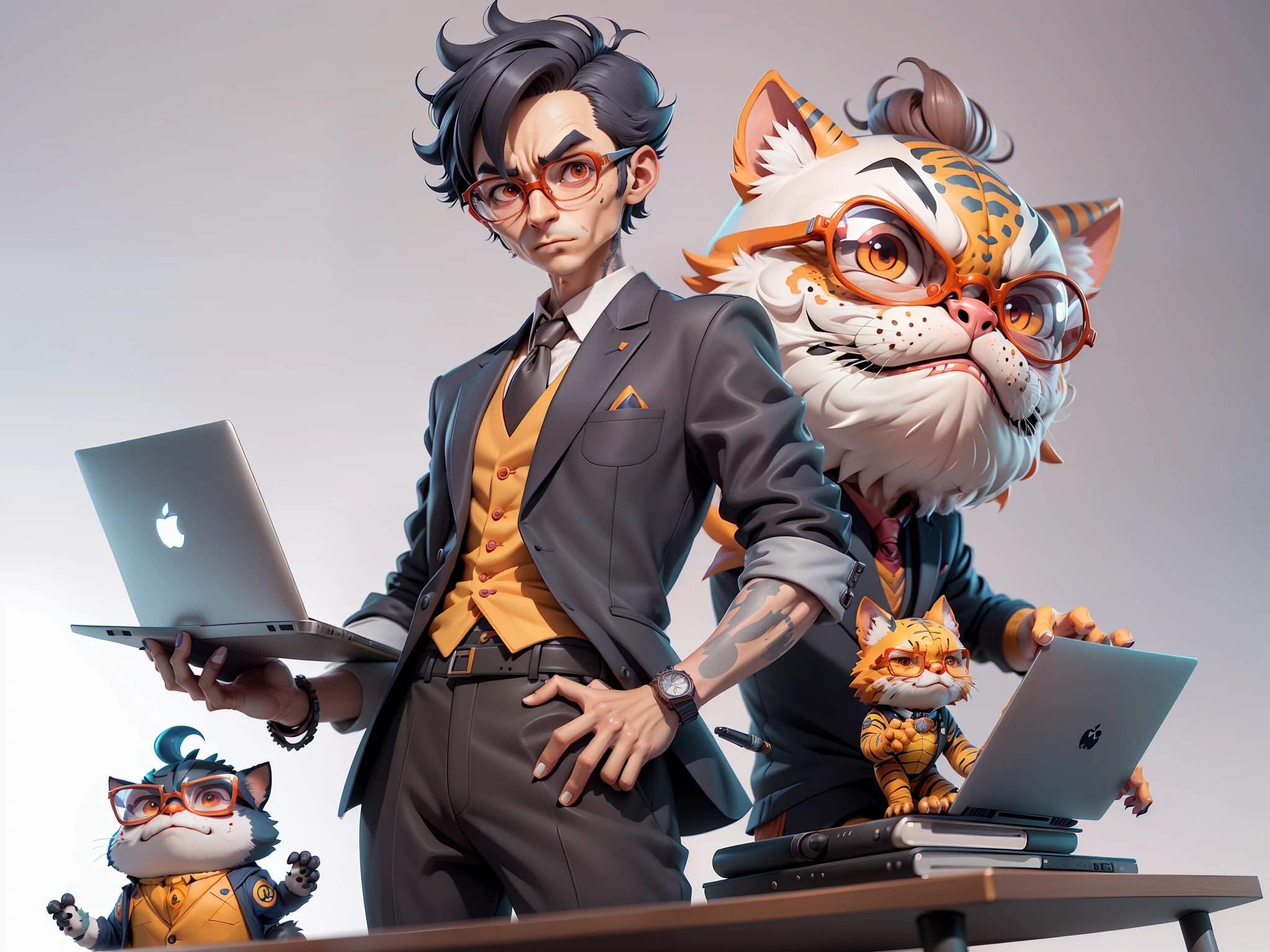 A young man in a suit, Short hair and glasses sat at his desk,holding laptop,digitial painting,tigre,3D character design by Mark Clairen and Pixar and Hayao Miyazaki and Akira Toriyama,4K HD illustration,Very detailed facial features and cartoon-style visuals。