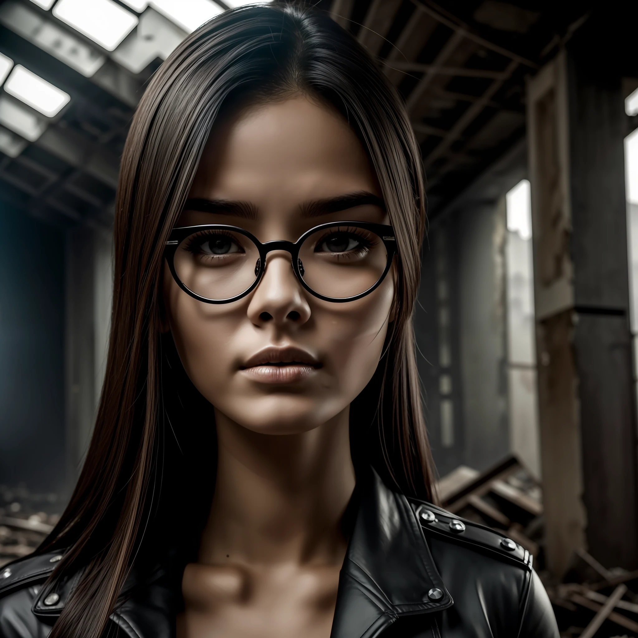 ultra detalhado. 8K分辨率. Pode conter NSFW. The image depicts a 21-year-old woman with her body facing the front of the camera, baixinha, branca, com aproximadamente 1,55 metros de altura, cabelos pretos com mechas castanhas bem longos, Her eyes are oriental and she wears rounded glasses, seios pequenos e firmes, small feet, panturrilhas grossas, The skin is white and it has a large, round sign near the nose, She's slim, with a thin waist and a large head. The woman is wearing light clothes. In the post-apocalyptic scenario, we can see it from the front, com um ambiente desolado ao fundo. wreckage, Abandoned buildings and a crumbling landscape show the destruction caused by the apocalypse. The woman looks directly into the camera, conveying an expression of determination and resilience in the face of adversity. The atmosphere is gloomy, with shades of gray and an air of mystery and danger all around.