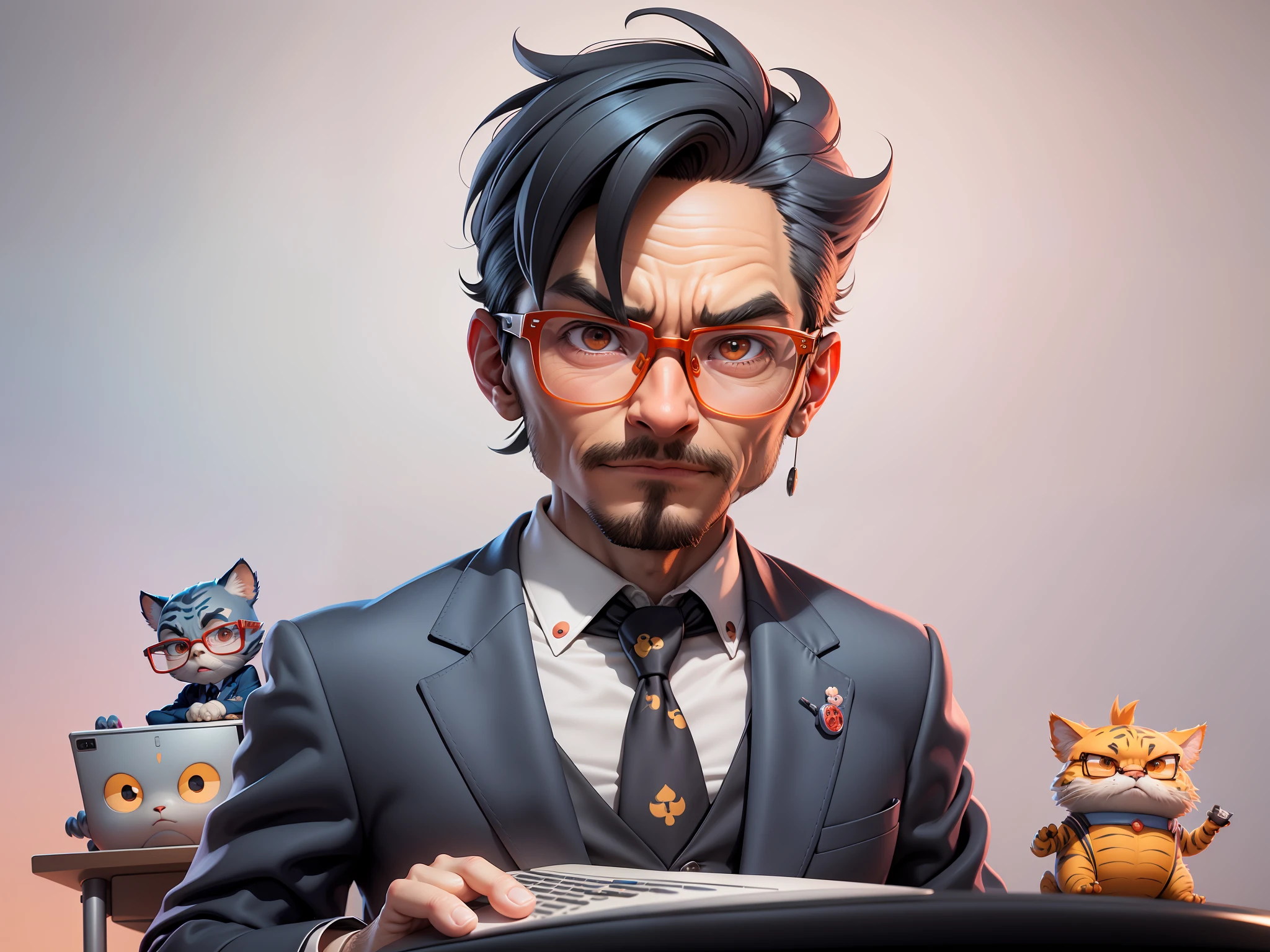 A young man in a suit, Short hair and glasses sat at his desk,holding laptop,digitial painting,tigre,3D character design by Mark Clairen and Pixar and Hayao Miyazaki and Akira Toriyama,4K HD illustration,Very detailed facial features and cartoon-style visuals。