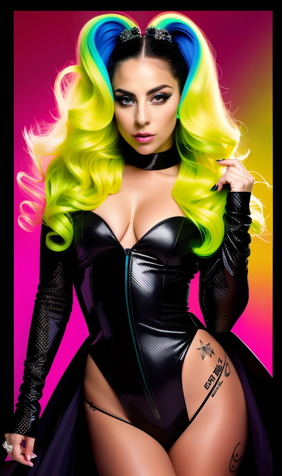Lady GaGa vestido negro con neon,extravagante,textura 4K,Realistic vision,Realistic and sharp face, cabello largo y de colores, calidad alta, cuerpo completo,varias poses corporales,peinado extravagante, Original album cover, imagen 8k, futurista, alta calidad de imagen, en la noche, accesorios en el cabello, imagen 8k, rostro realista en alta calidad, cuerpo completo, diferentes poses corporales, alta calidad en el rostro, rasgos definidos,HD, rostro realista y definido 4k
