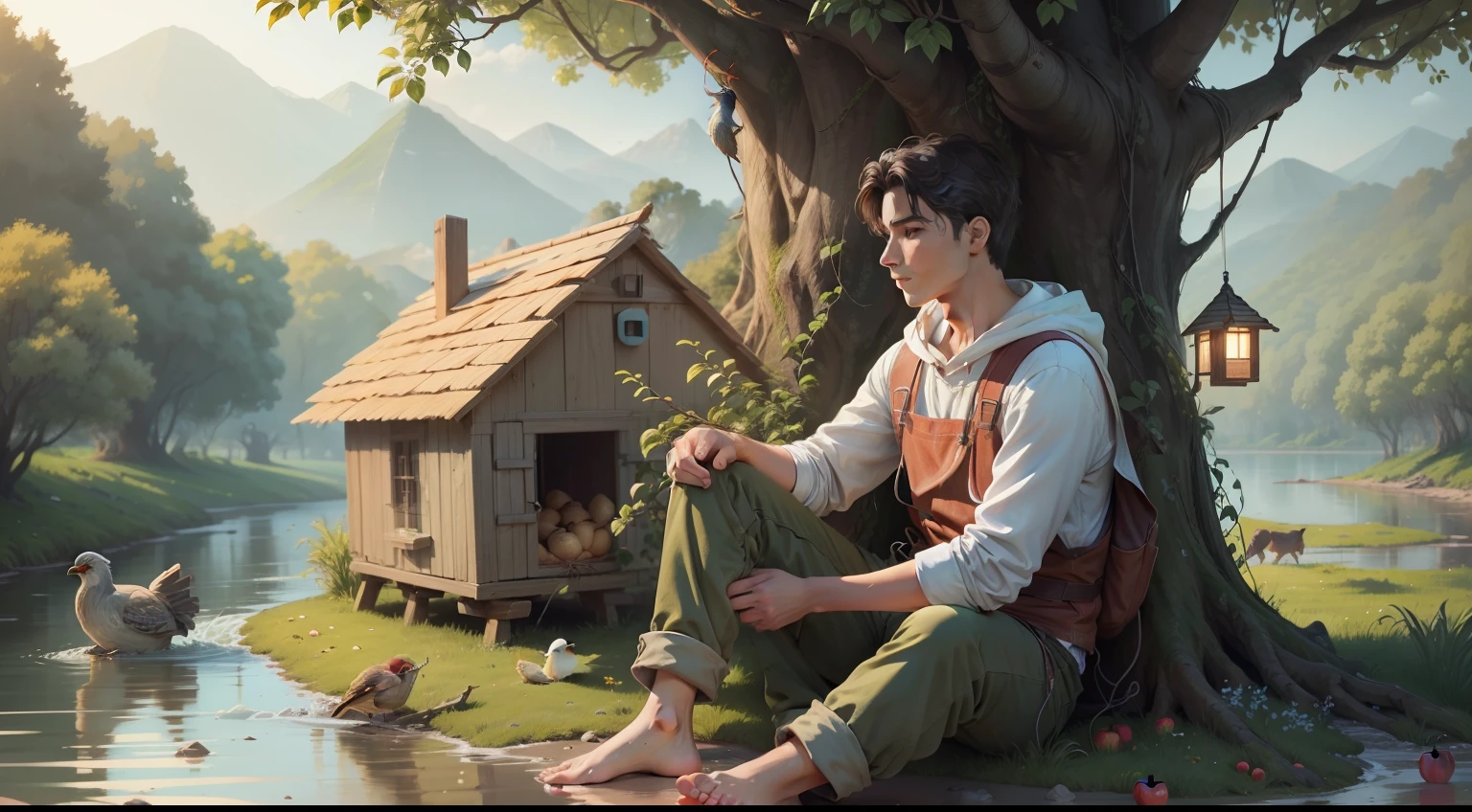 A digital illustration showing the young man next to the apple tree, cuidando dela com carinho, while the bird builds a nest in its makeshift little house on the branches. O rio flui suavemente ao fundo, symbolizing the connection between the tree and the river.