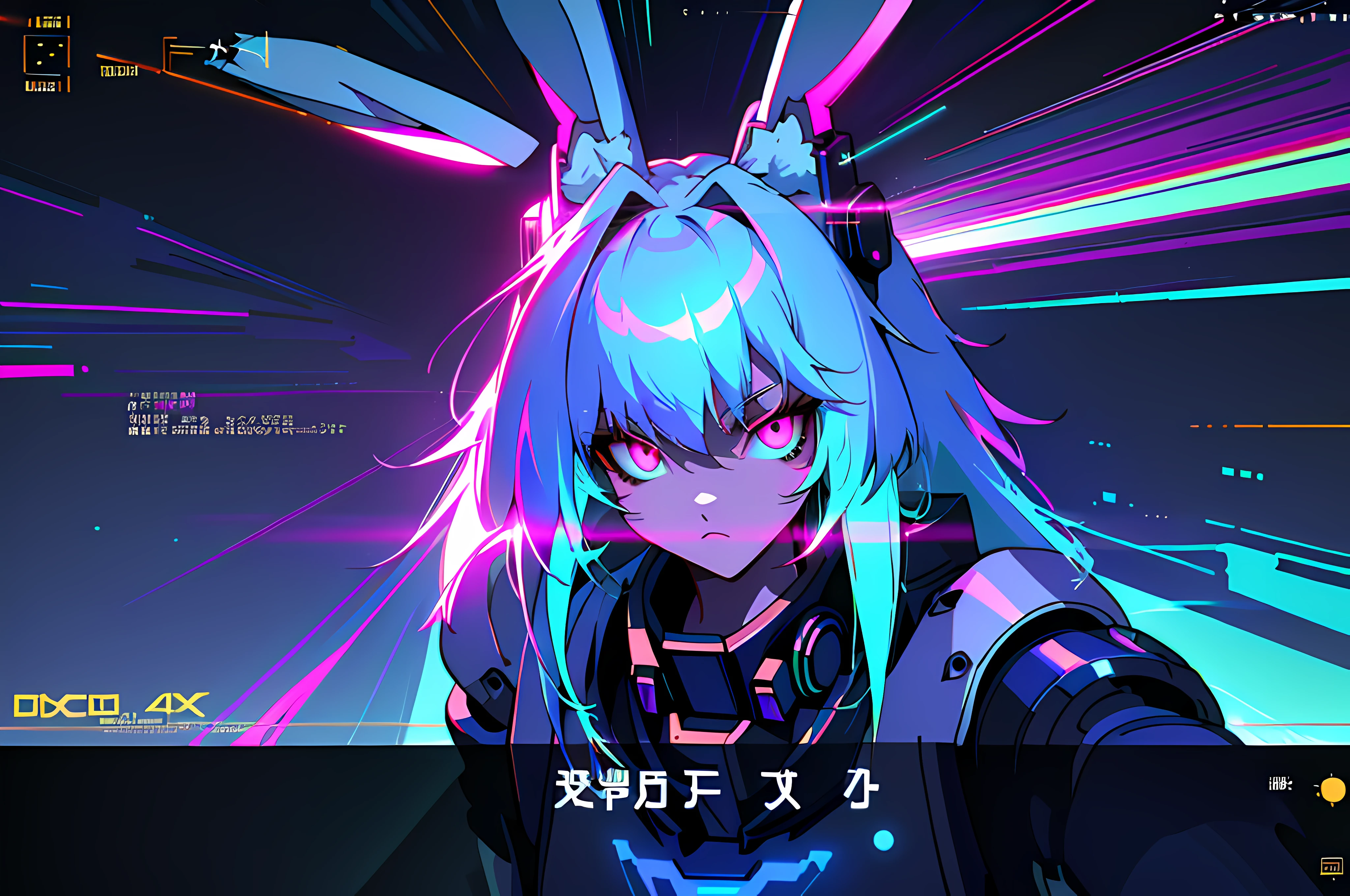 (vintage vhs), (crt screenshot), (Zen, Amy Sol style), running scene from a show about a blue anthro furry kemono rabbit who investigates deep space crime, (vast decrepit scenery:1.2) blame! style, nightmarish illustration, glowing eyes everywhere, intense eye contact, hybrid human / anthro, electrixbunny, rabbit anthro portrait, ((portrait)), bunnypunk, weirdcore voidpunk fursona, wearing bunny ears, cover art with light abstraction, abstract, simple vector art, contemporary Cybernetic art, color gradients, soft color palettes, layered forms, whimsical animation, style Ethereal abstract, 4K, --v6