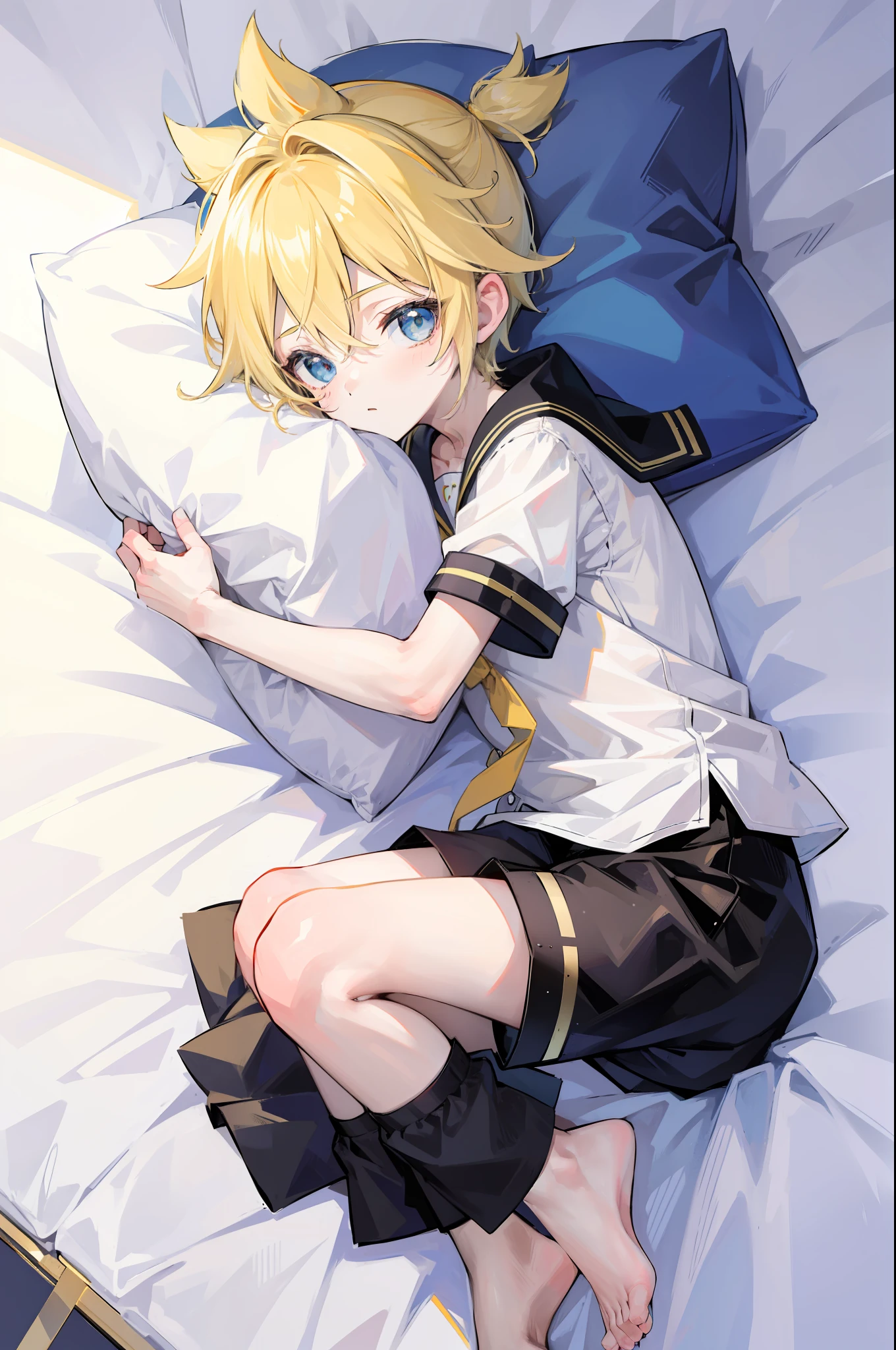 best quality, ultra precision, (one boy), (Len_Kagamine), cute, cool, blond hair, shota, cowlick, sailor uniform, black short pants, slender,  your cute boyfriend, innocent, boy model, boy is cute like a girl, on bed, lying on bed, sleep peacefully, close boy's eyes, boy is sleeping well, hugging pillow, full body, lovely