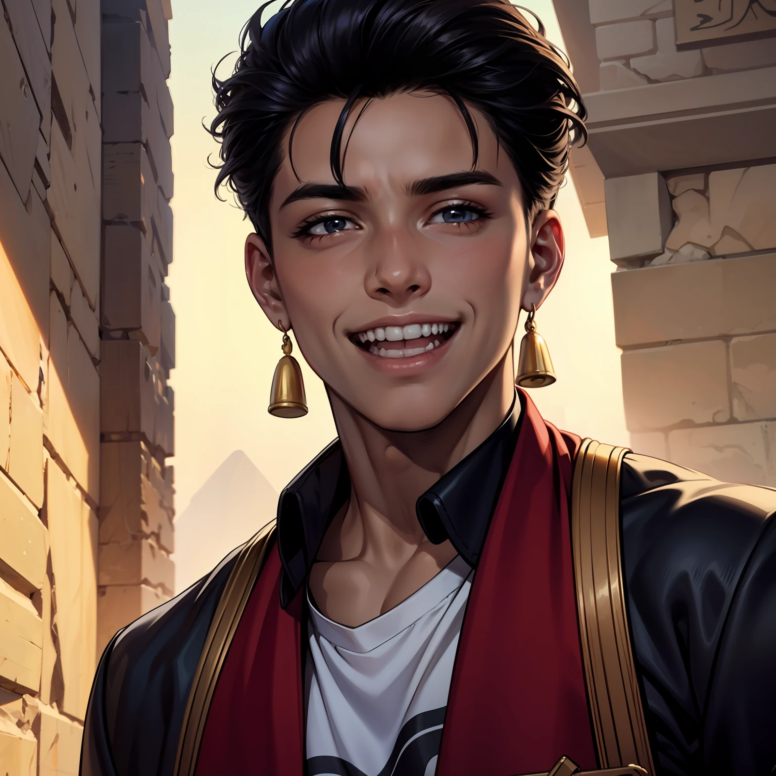 14-year-old boy in Egypt boy male without brown skin clothes marked abdomen looking at the viewer straight hair black smiling cute laughter