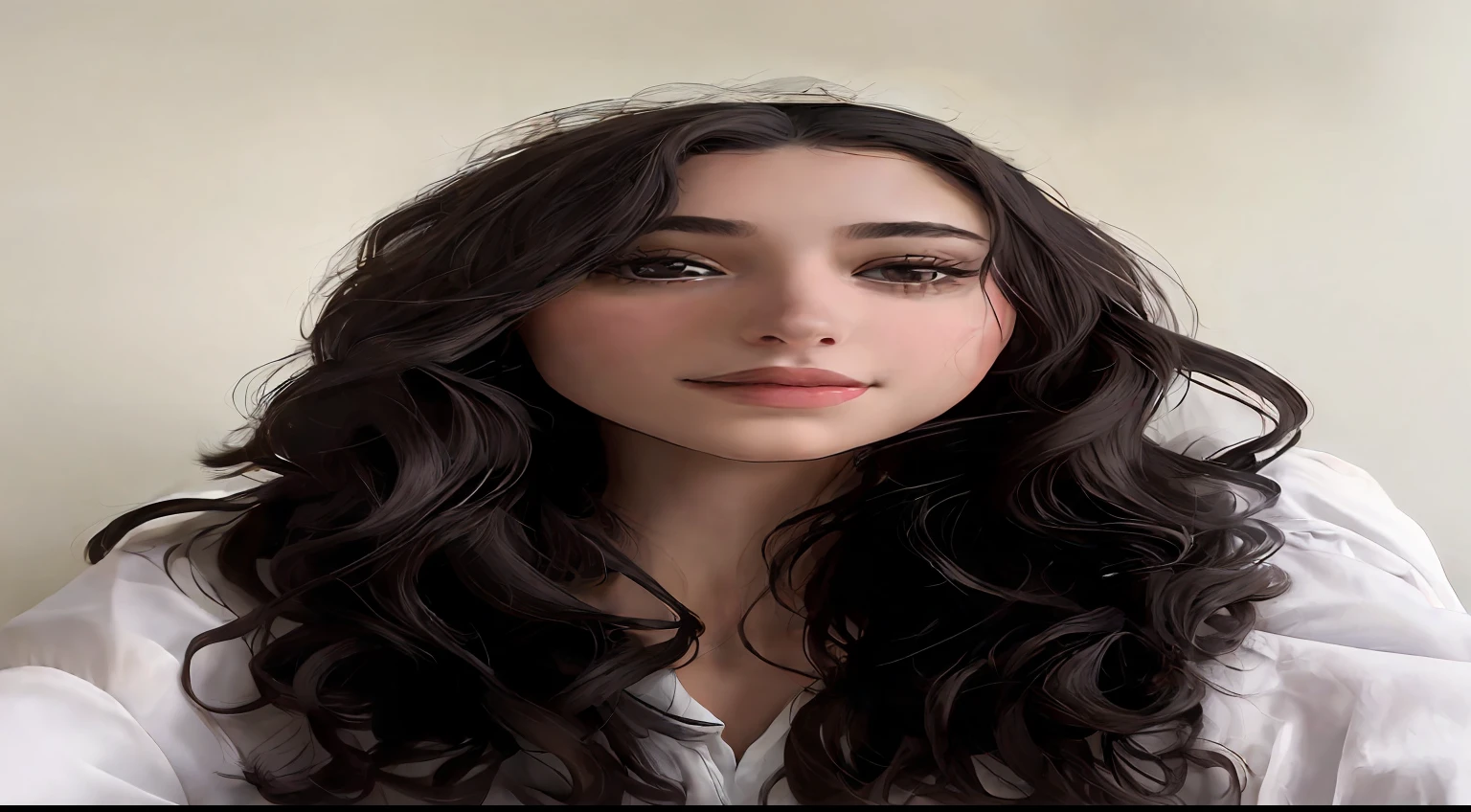 Mulher com cabelos compridos vestindo uma tiara e uma camisa branca, com longos cabelos cacheados, sem maquiagem cabelo ondulado, Alanis Guillen, com cacheado longo, inspirado em Olivia Peguero, com cachos, foto de perfil headshot, franja encaracolado, Retrato Sophie Mudd, curly middle part haircut, foto da mulher jovem, mulher nova com cabelo escuro longo