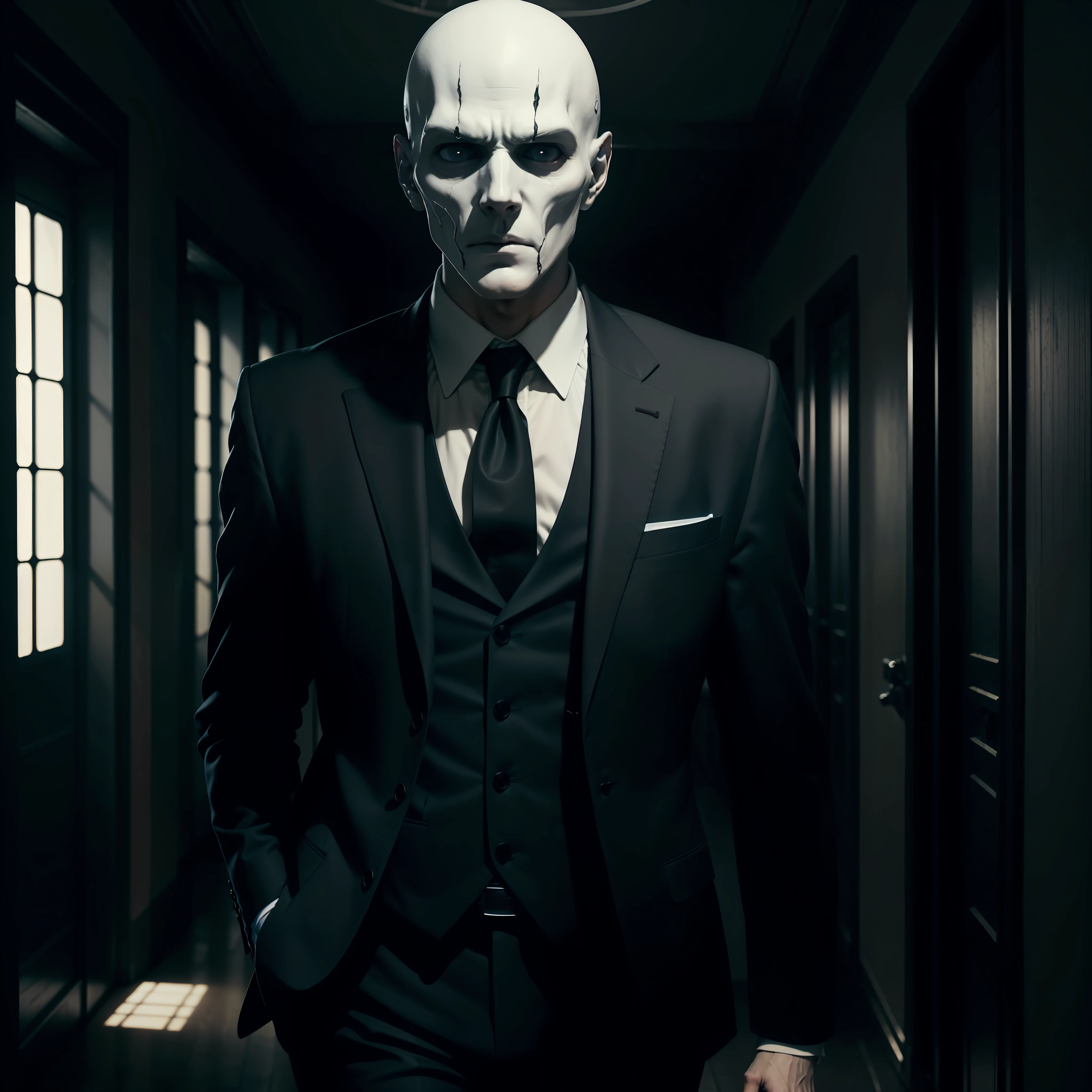 Man in slender, pale suit, with whitish eyes, sinistro, scary horror, dark, corredor de sala de aula, 8k, maximum detailed, high quality