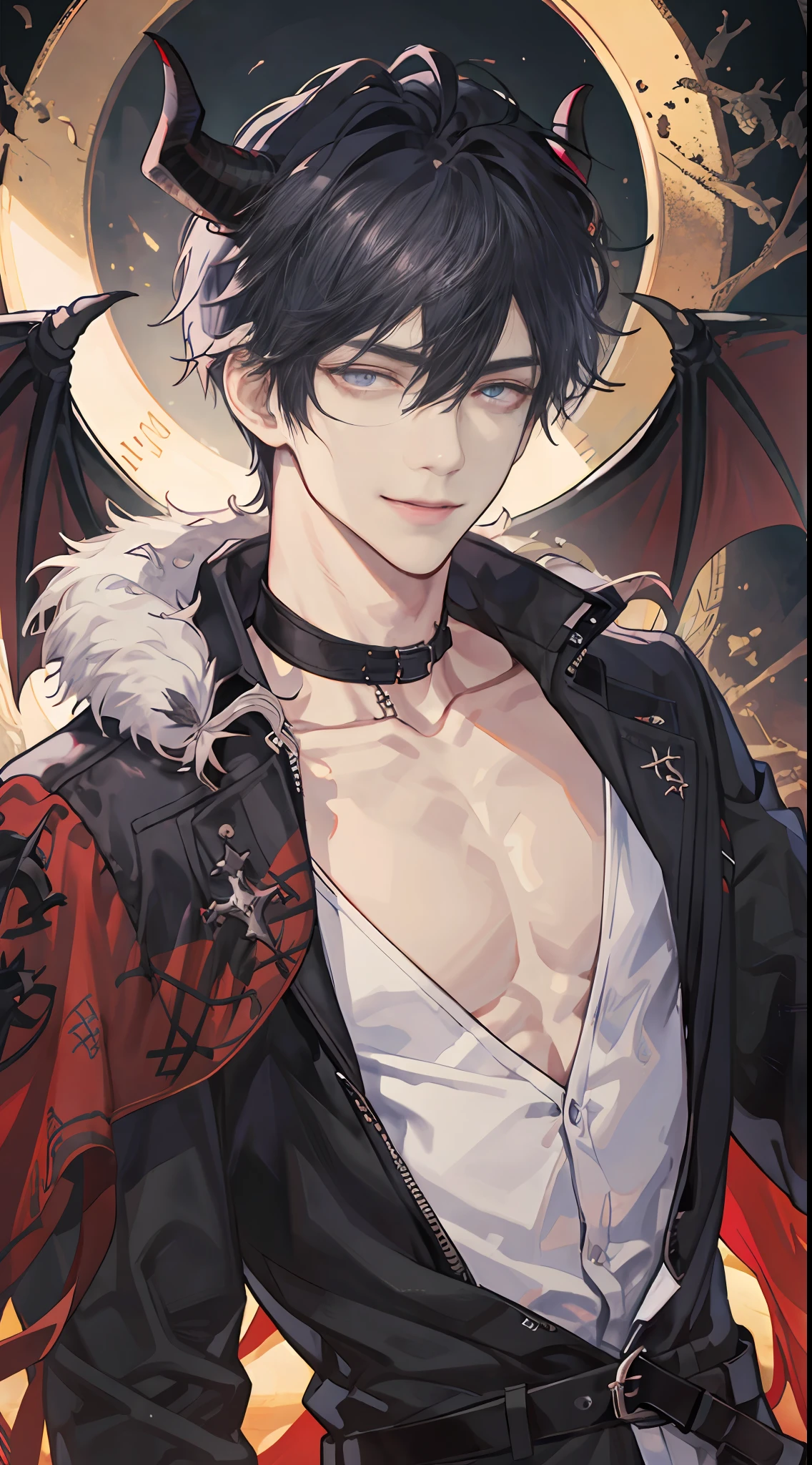 （tmasterpiece，A high resolution，ultra - detailed:1.0），（1 boy，Young male:1.3），（Perfect male body），（Male pup），Expose the chest and collarbone, Delicate eyes and delicate face，Extremely detailed CG，Unity 8k wallpaper，Complicated details，ssmile，Demon's horns，Face away from the light source，purpleglowing eyes eyes，Demon's wings，（A seductive smile), Solo, full bodyesbian, Detailed background, Detailed face, (Medieval Gothic theme:1.1),  Dynamic pose, (Sexy menswear, Sexy leather clothing, Gothic style clothing），medieval clothing, dark castle，Castle background，a medieval castle，sportrait