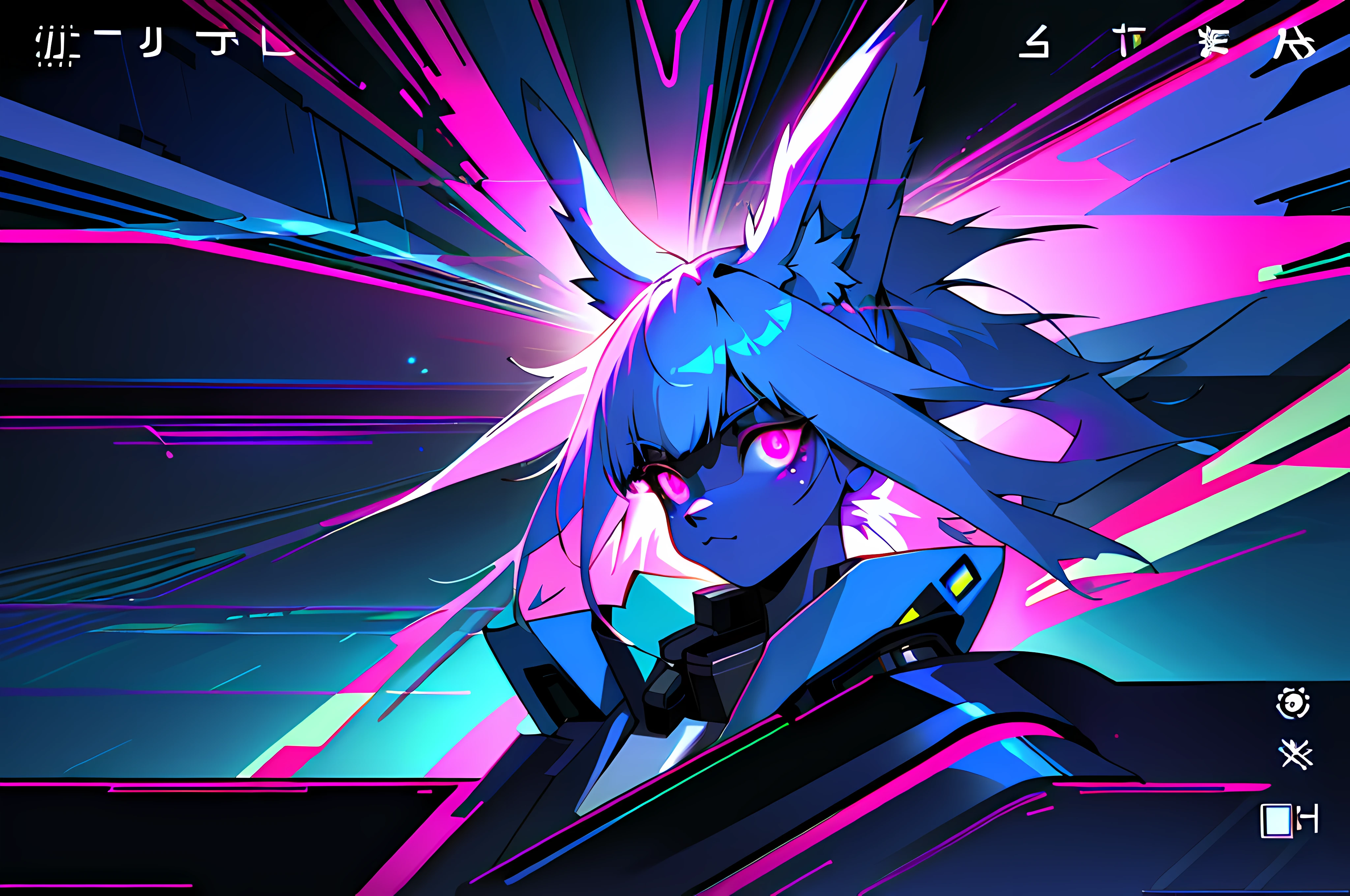 (vintage vhs), (crt screenshot), (Zen, Amy Sol style), running scene from a show about a blue anthro furry kemono rabbit who investigates deep space crime, (vast decrepit scenery:1.2) blame! style, nightmarish illustration, glowing eyes everywhere, intense eye contact, hybrid human / anthro, electrixbunny, rabbit anthro portrait, ((portrait)), bunnypunk, weirdcore voidpunk fursona, wearing bunny ears, cover art with light abstraction, abstract, simple vector art, contemporary Cybernetic art, color gradients, soft color palettes, layered forms, whimsical animation, style Ethereal abstract, 4K, --v6