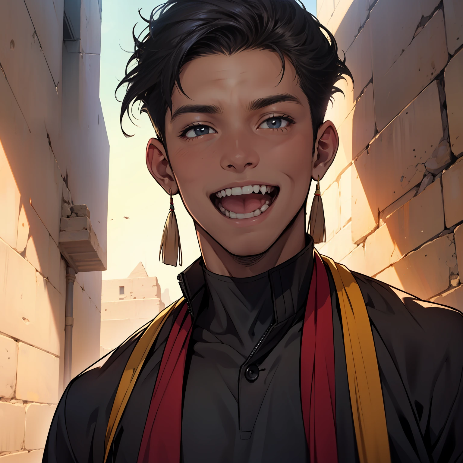 14-year-old boy in Egypt boy male without brown skin clothes marked abdomen looking at the viewer straight hair black smiling cute laughter