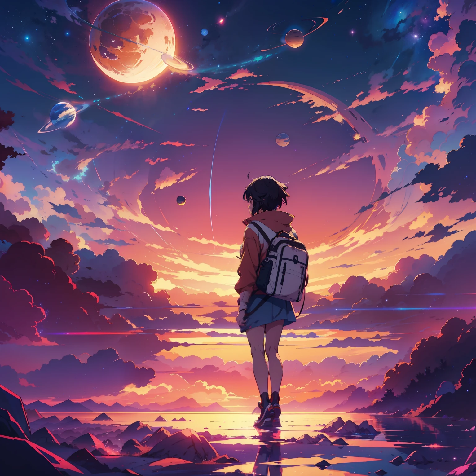 anime - style scene of a sunset with stars and planets, cosmic skies. by makoto shinkai, sunset on distant machine planet, magnificent background, anime sky, anime art wallpaper 4 k, anime art wallpaper 4k, 4k highly detailed digital art, anime art wallpaper 8 k, ross tran. scenic background, anime background art, anime wallpaper 4 k