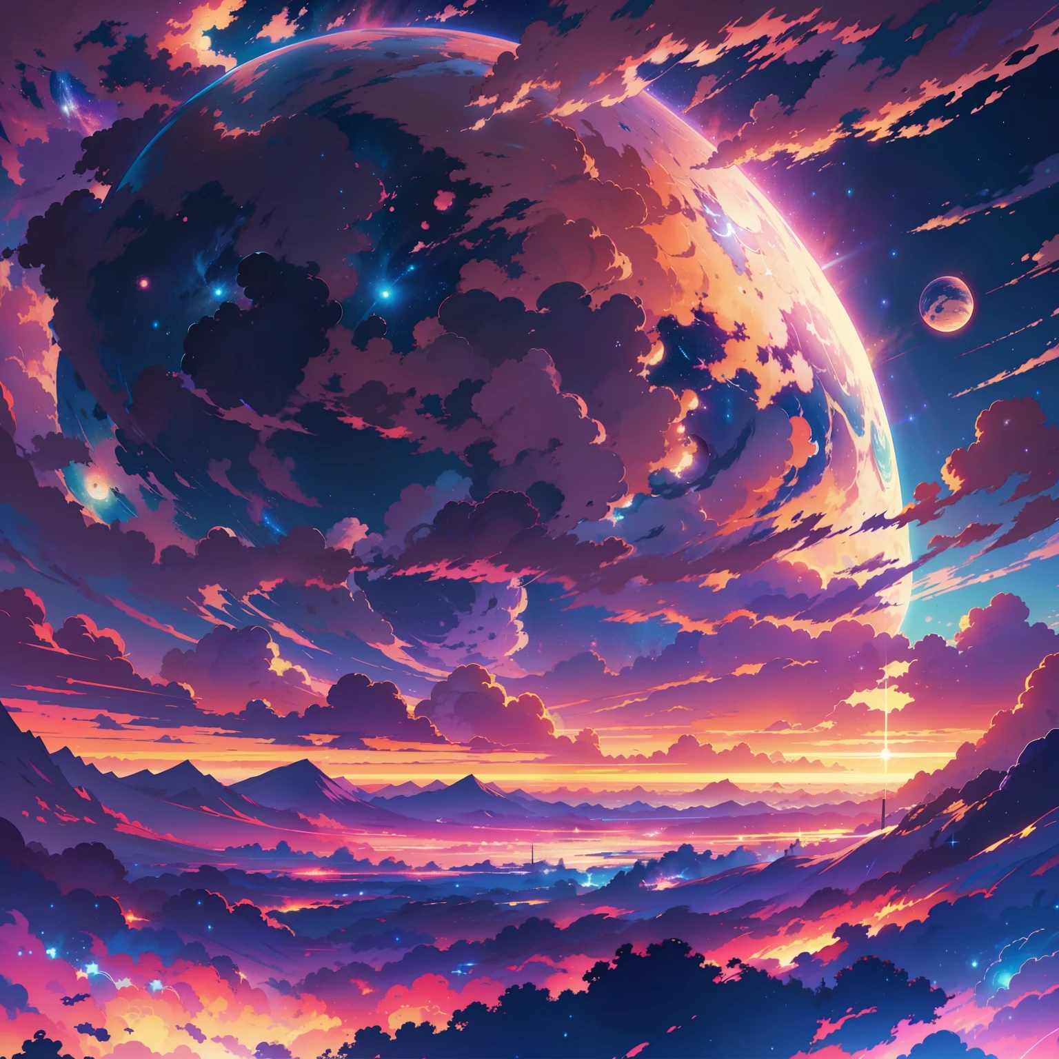 anime - style scene of a sunset with stars and planets, cosmic skies. by makoto shinkai, sunset on distant machine planet, magnificent background, anime sky, anime art wallpaper 4 k, anime art wallpaper 4k, 4k highly detailed digital art, anime art wallpaper 8 k, ross tran. scenic background, anime background art, anime wallpaper 4 k
