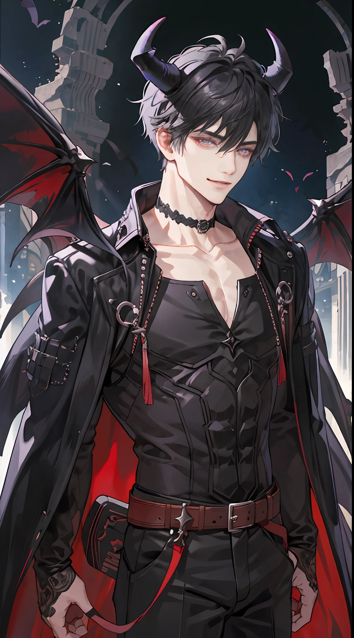 (tmasterpiece,A high resolution,ultra - detailed:1.0),(1 boy,Young male:1.3),(Perfect male body),(Male pup),Expose the chest and collarbone, Delicate eyes and delicate face,Extremely detailed CG,Unity 8k wallpaper,Complicated details,ssmile,Demon's horns,Face away from the light source,purpleglowing eyes eyes,Demon's wings,(A seductive smile), Solo, full bodyesbian, Detailed background, Detailed face, (Medieval Gothic theme:1.1), Dynamic pose, (black Sexy menswear, Sexy leather clothing, Gothic style clothing),medieval clothing, dark castle,Castle background,a medieval castle,sportrait