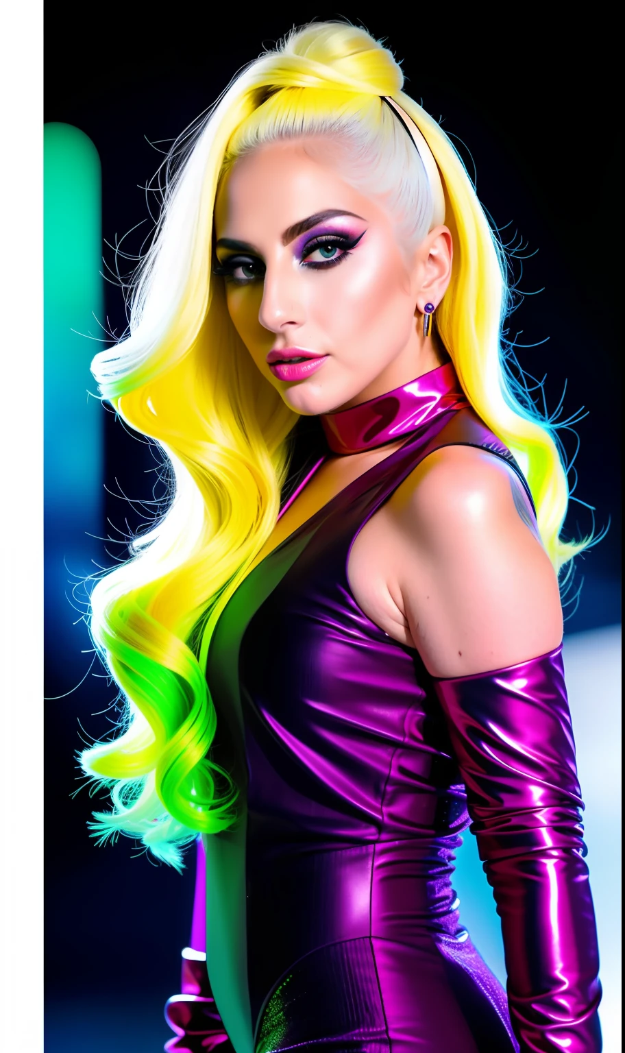 Lady GaGa vestido rojo con neon,extravagante,textura 4K,Realistic vision,Realistic and sharp face, cabello largo y de colores, calidad alta, cuerpo completo,varias poses corporales,peinado extravagante, Original album cover, imagen 8k, futurista, alta calidad de imagen, en la noche, accesorios en el cabello, imagen 8k, rostro realista en alta calidad, cuerpo completo, diferentes poses corporales, alta calidad en el rostro, rasgos definidos,HD, rostro realista y definido 4k