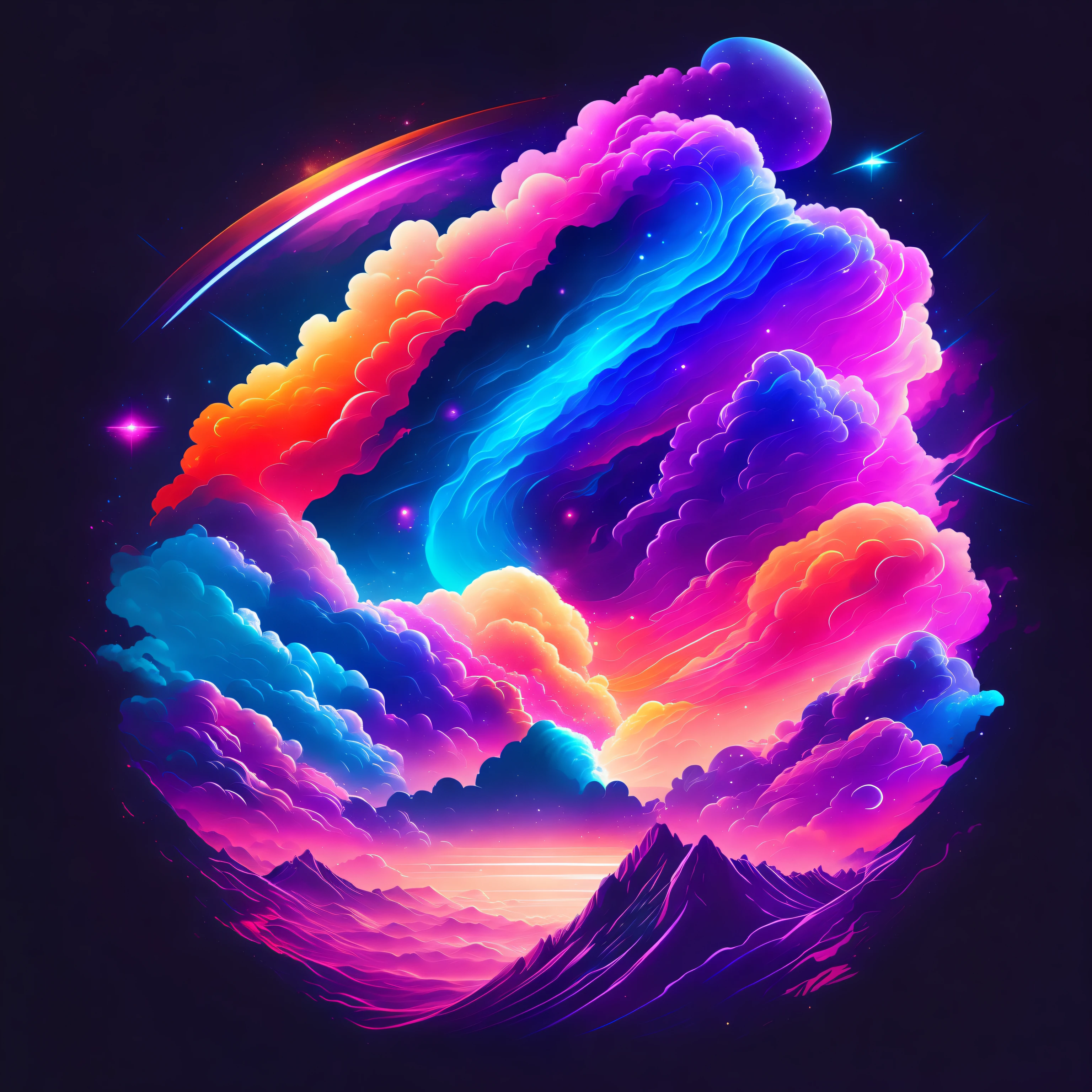 An abstract representation of colorful interstellar clouds, T-shirt design, midjourney, vector art, hydro74