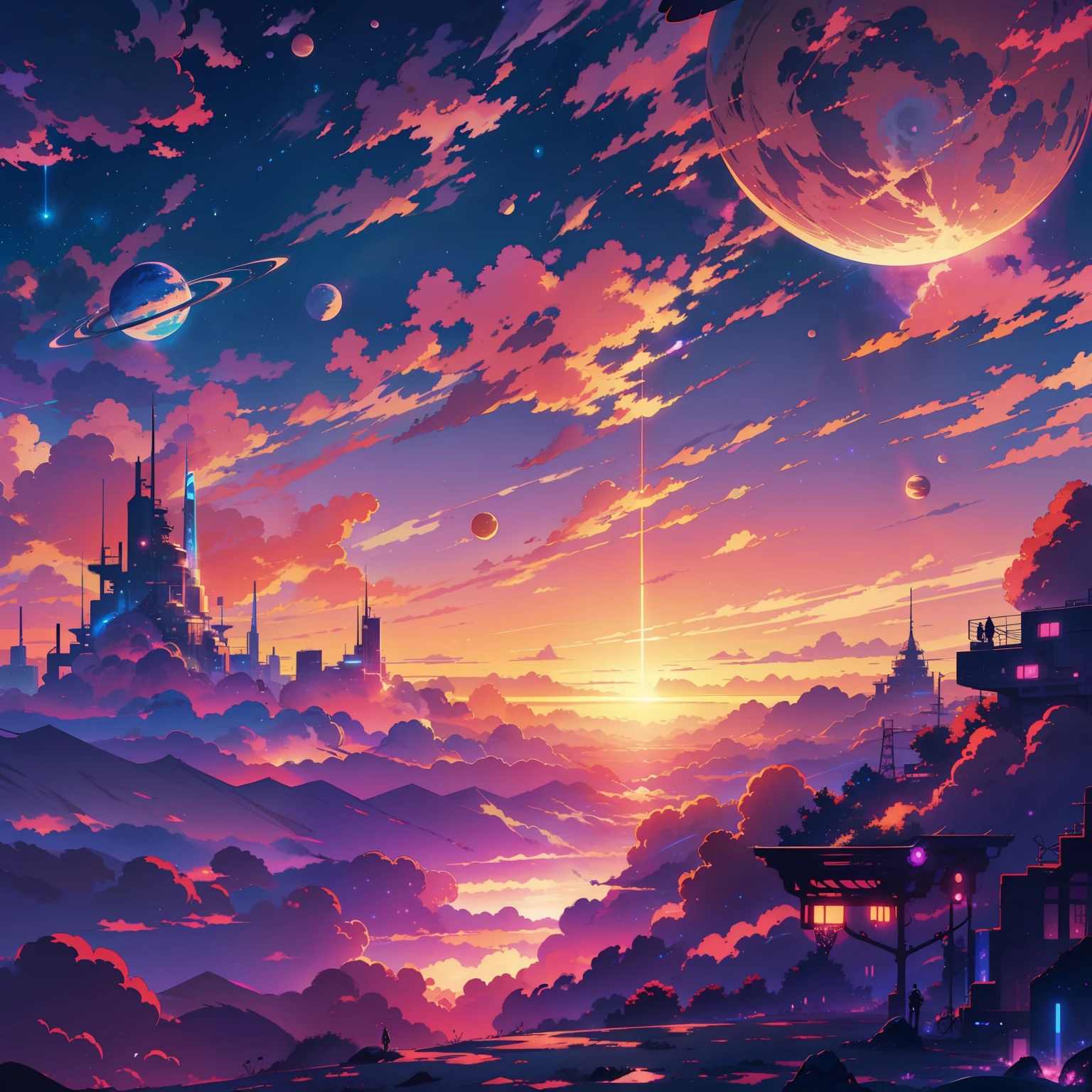 anime - style scene of a sunset with stars and planets, cosmic skies. by makoto shinkai, sunset on distant machine planet, magnificent background, anime sky, anime art wallpaper 4 k, anime art wallpaper 4k, 4k highly detailed digital art, anime art wallpaper 8 k, ross tran. scenic background, anime background art, anime wallpaper 4 k