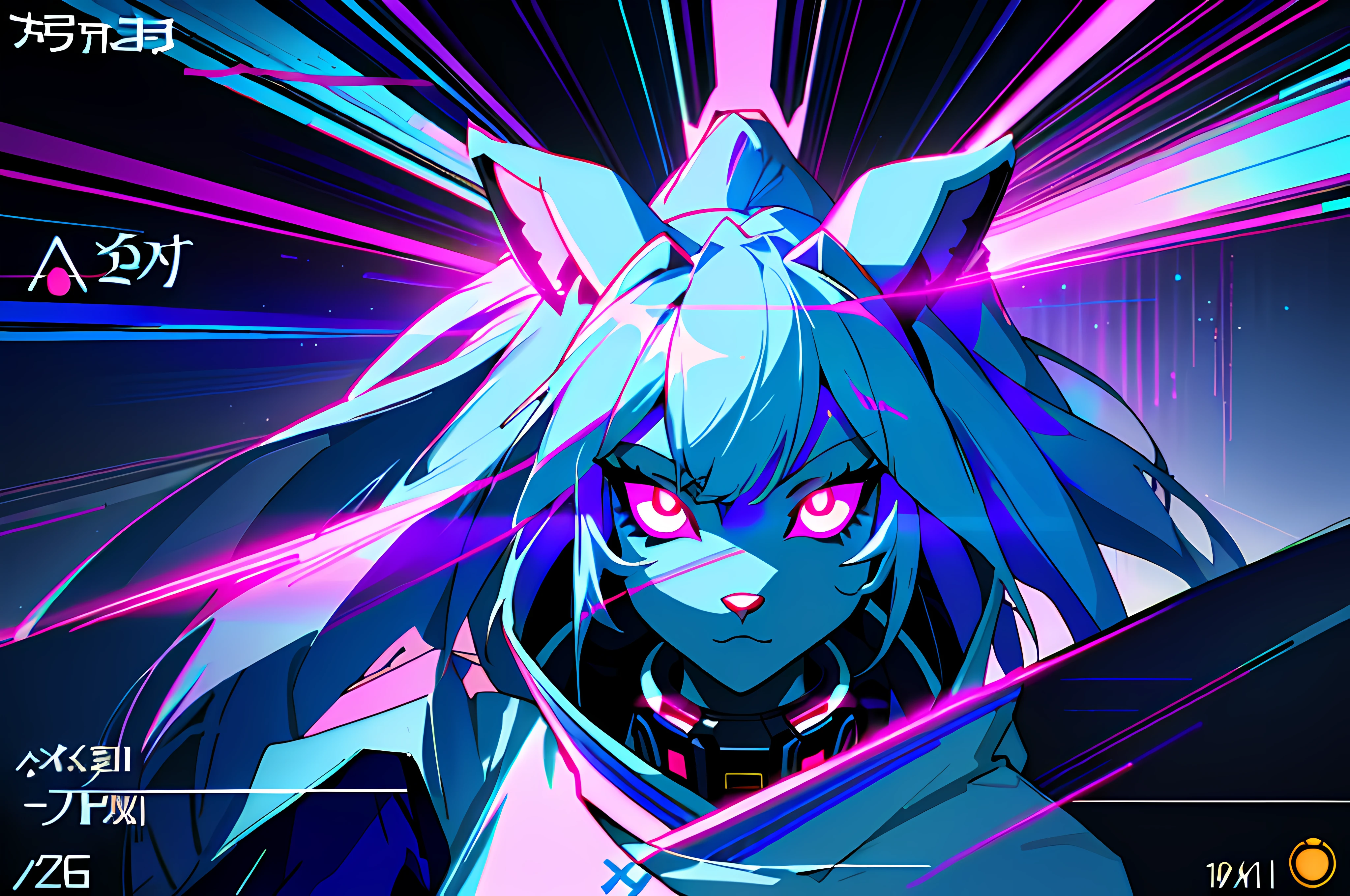 (vintage vhs), (crt screenshot), (Zen, Amy Sol style), running scene from a show about a blue anthro furry kemono rabbit who investigates deep space crime, (vast decrepit scenery:1.2) blame! style, nightmarish illustration, glowing eyes everywhere, intense eye contact, hybrid human / anthro, electrixbunny, rabbit anthro portrait, ((portrait)), bunnypunk, weirdcore voidpunk fursona, wearing bunny ears, cover art with light abstraction, abstract, simple vector art, contemporary Cybernetic art, color gradients, soft color palettes, layered forms, whimsical animation, style Ethereal abstract, 4K, --v6