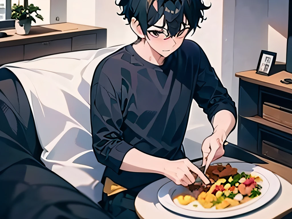 (tmasterpiece,Best quality,Refined features)A handsome boy,Curly hair,Have a good meal,Home cooking,Generous meals,Short black hair,Black shirt,shorter pants,byself,In the living room,Morning
