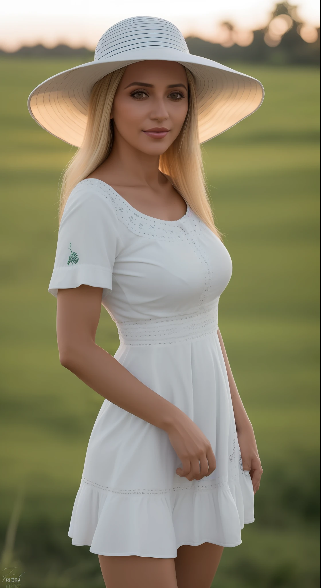 Mulher loira,  olhos azuis, em um campo de trigo, hora dourada, por do sol, white hat, vestido branco, sentada, lente 85mm f 1.2, sentada, sol nos cabelos