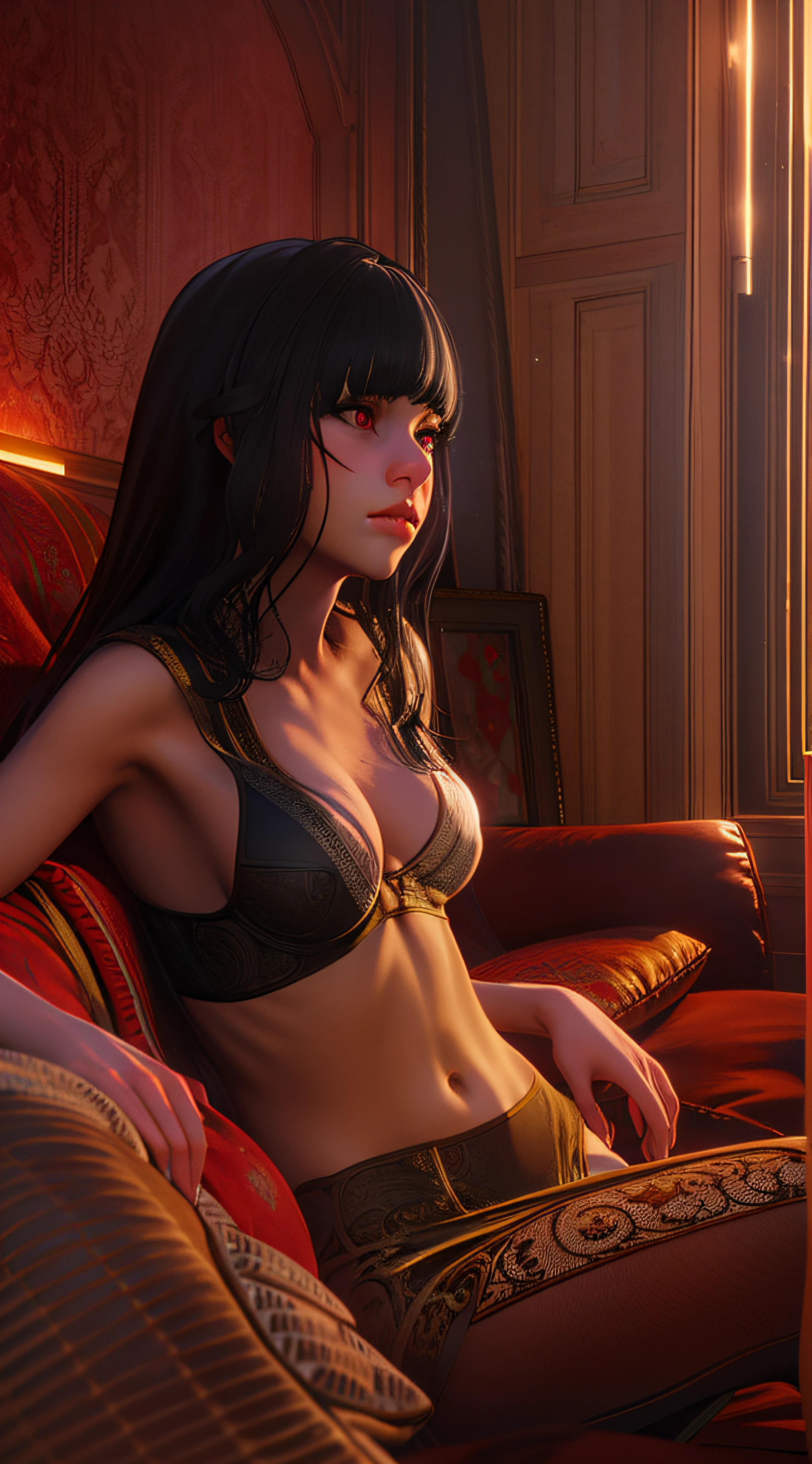 masterpiece, (ultra detailed background, delicate pattern, intricate detail), (highly detailed, fine details), best quality, beautiful lighting, 1girl, solo, Luna, black hair, lips, red eyes, long hair, blunt bangs, closed mouth, red lips, ((slim girl, medium breasts)), there is a woman in a lingerie sitting on a couch, noire moody scene, [ 4 k photorealism ], [ 4 k photorealism ]!!!, 8 k sensual lighting, realistic shaded perfect body, realistic soft lighting, sensual gloomy style, photorealistic perfect body