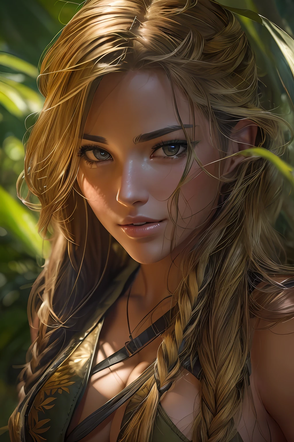 In the heart of a lush tropical jungle, a captivating blonde woman emerges like a vision from a legendary tale. Her beauty radiates like a beacon amidst the vibrant green foliage. Her sun-kissed skin glows with a healthy vitality, adorned with a touch of adventure's sunburn.Her golden tresses cascade like a cascading waterfall, framing her face with wild abandon. The strands shimmer in the dappled sunlight, mirroring the golden rays that filter through the dense canopy above. Tied in a loose braid, a few unruly strands escape to dance in the breeze, adding a hint of untamed allure to her appearance. Around her waist, a sturdy belt holds essential tools and gear, evoking an air of preparedness for any encounter the jungle might present. Her boots, well-worn from countless treks, bear witness to the intrepid spirit that drives her.A – a modern-day explorer, unafraid of the challenges that lie ahead. Her allure lies not only in her physical features but in the captivating aura of self-assurance that surrounds her, making her a true embodiment of the iconic Lara Croft style. ***(ultra-realistic), (high definition), (8K), (very detailed), (beautiful and detailed eyes), (highest quality), (super detailed), (masterpiece), (wallpaper), (detailed face), solo, one girl, viewer's perspective, details, Anime girl lying in bed in a long-standing suit with detailed face, darkness, deep shadow, low key, pureerosfaceace_v1, smile, bust, transparent underwear, mekosuji, long legs, thin waist, buttocks, ultra fine makeup, ultra-fine clothes soka and long-stay suit, seductive anime girl, beautiful attractive anime woman, highly detailed artgerm, ig model | Anime illustrations,! Dream ArtGerm, ArtGerm on Artstation pixiv, Guweiz on Artstation pixiv, Guweiz on pixiv Artstation (Ultra Realistic), (High Resolution),(8K)