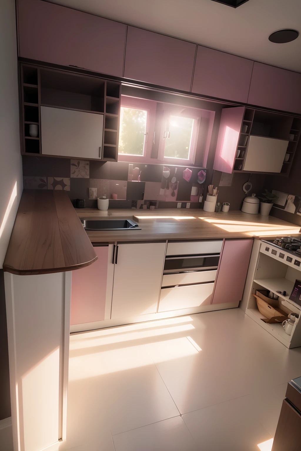 (Mueble pintado unicamente en tonos de color rosa oscuro)), ((on the wall behind the counter below the cupboards 2 small windows letting in plenty of sunlight)), estufa color negro, piso color beige, imagen realistica, obra maestra