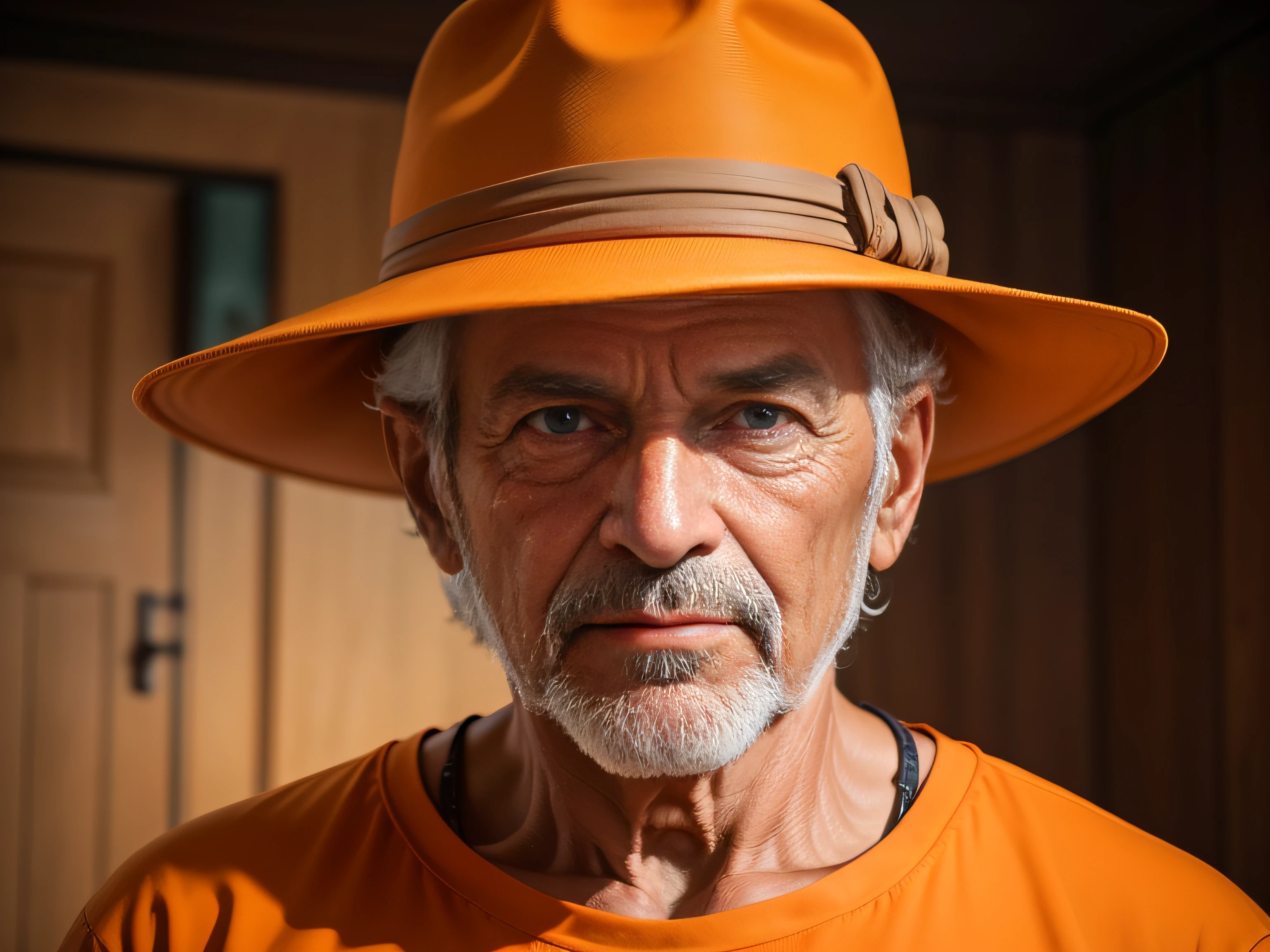 Man wearing a hat and an orange shirt, color photograph portrait 4k, retrato do homem velho, retrato ultra detalhado, retrato de alta qualidade, um velho, pintura digital hiper realista,