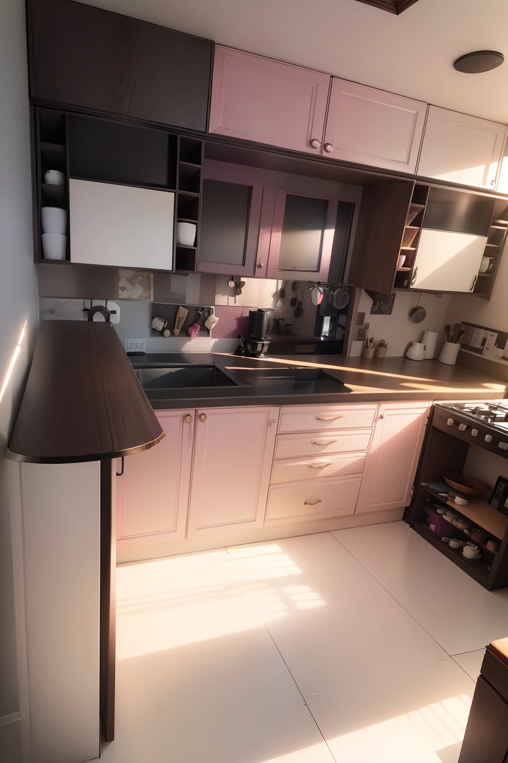 (Mueble pintado unicamente en tonos de color rosa oscuro)), ((on the wall behind the counter below the cupboards 2 small windows letting in plenty of sunlight)), estufa color negro, piso color beige, imagen realistica, obra maestra