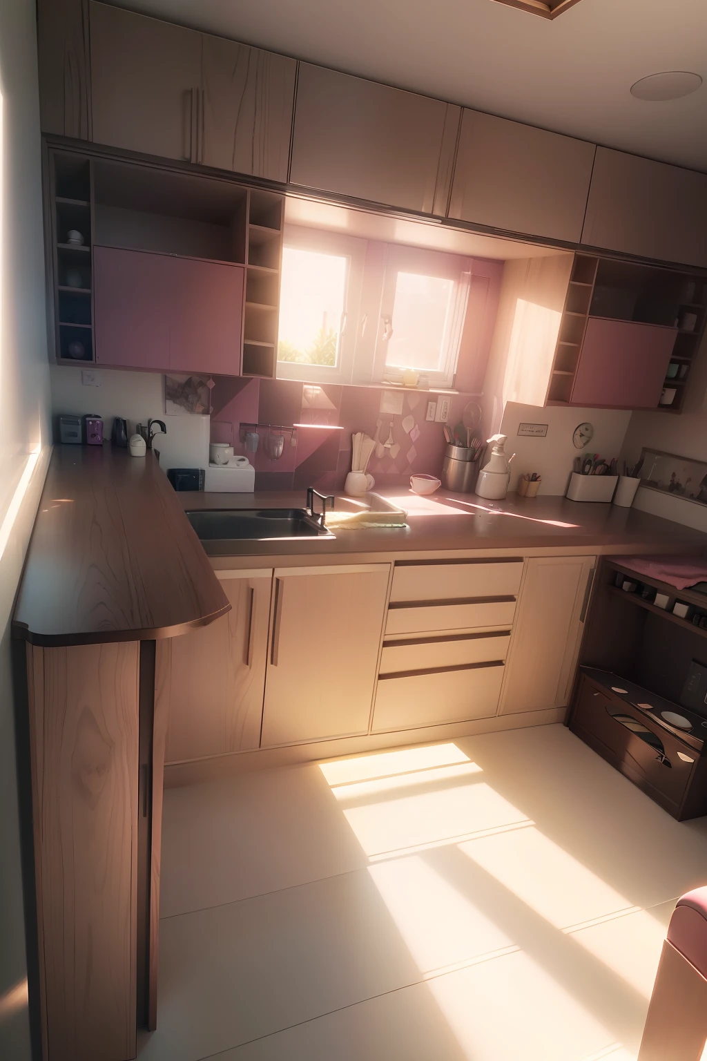 (Mueble pintado unicamente en tonos de color rosa oscuro)), ((on the wall behind the counter below the cupboards 2 small windows letting in plenty of sunlight)), estufa color negro, piso color beige, imagen realistica, obra maestra