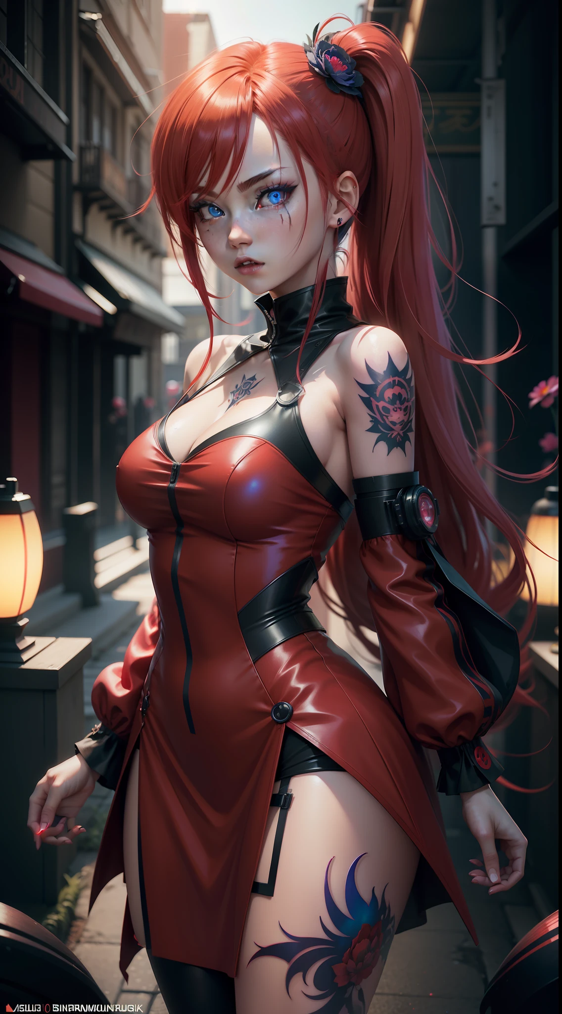 Photorealism, anime girl, vampire, with red hair, red dress, blue eyes, glowing, flowerpunk, samuraipunk, iridescent, bioluminescent, tattoopunk, hyper - detailed vibrant cinematic raking light, stunning, subsurface scattering, ambient occlusion, chromatic aberration, 8k