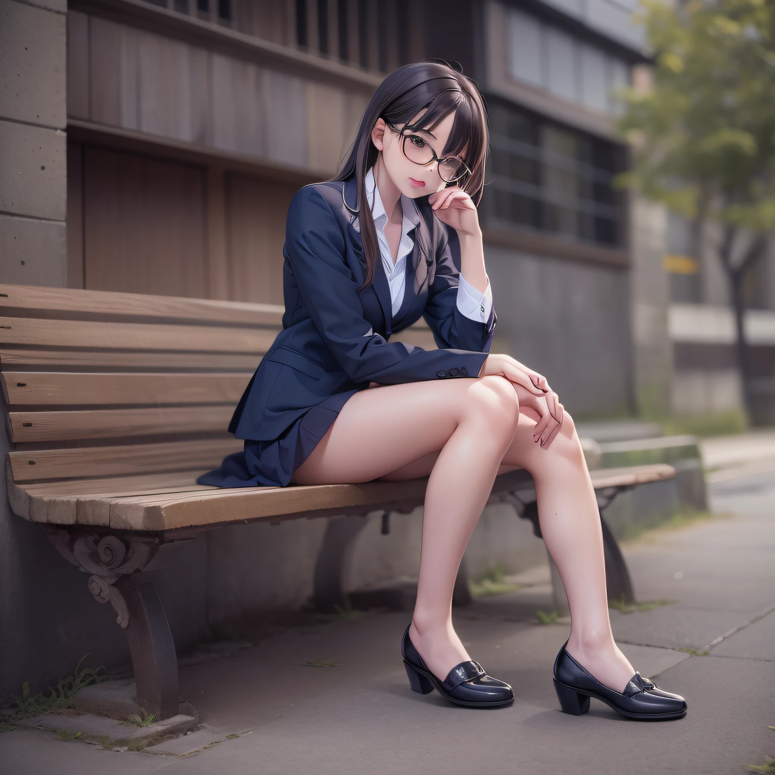 masutepiece, Anatomically correct,Two legs,Two arms, Textured skin,there is a woman sitting on a bench with her legs crossed, taken with a canon eos 5 d, taken with a canon eos 5 d, taken with a canon eos 5d, Girl in suit, various poses shooting photos, Girl in suit,Wearing underwear, Cute elegant pose, Elegant Pose, Wearing a strict business suit,Sitting on the ground, Japan school uniform,Small breasts glasses,