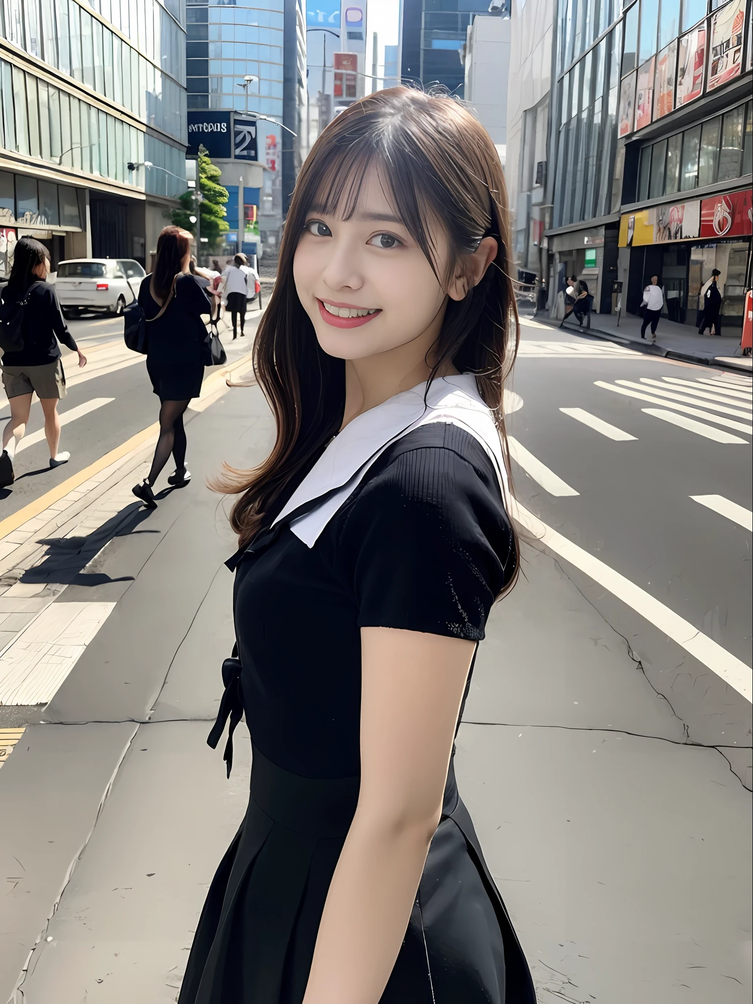 ultra best quality、​masterpiece、超A high resolution、(Photorealsitic:1.4)、the Extremely Detailed CG Unity 8K Wallpapers、Detailed and complex、original、hight resolution、Raw foto、(perfect body type)、Detailed and complex,、Digital SLR、softlighting、hightquality、film grains、Leica Camera、50mm lens、back lighting、HDR、hyper realstic、Color Grade、dynamicposes、portlate、japanes、a smile、s lips、bangss、(Crowded Akihabara:1.2)、Front view View viewer、natural soft light、girl with、20yr old、full bodyesbian、独奏、 pupils、middle school、校服、sailor collar、Bobby Socks、pleatedskirt、daytime、in a street、deep-shadows、cute little、Beautie、Unobtrusive、Cold light 12000K \\ a street、The state of the store、akihabara、Shinjuku、Shibuya、Ikebukuro、A slight smil