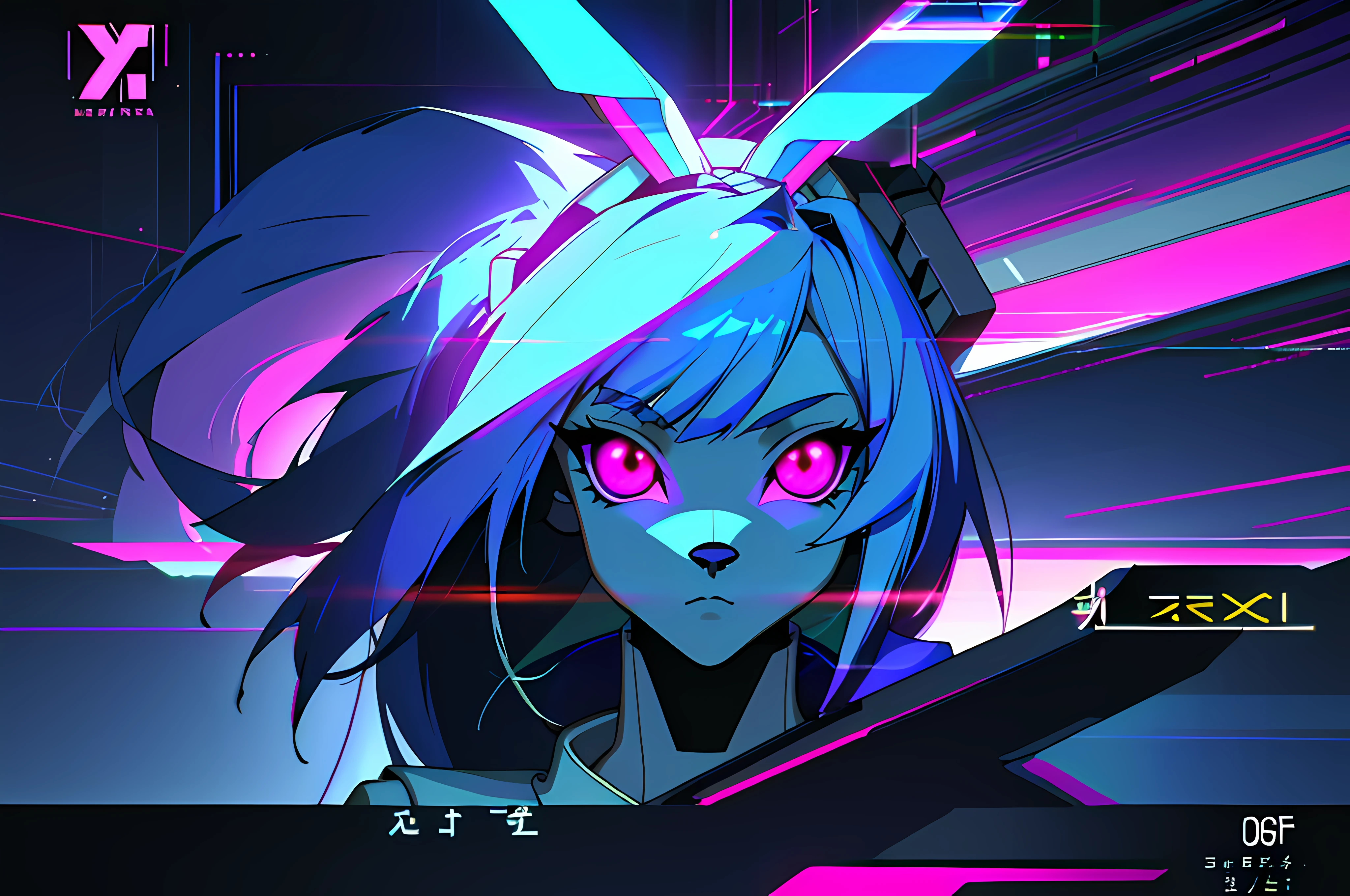 (vintage vhs), (crt screenshot), (Zen, Amy Sol style), running scene from a show about a blue anthro furry kemono rabbit who investigates deep space crime, (vast decrepit scenery:1.2) blame! style, nightmarish illustration, glowing eyes everywhere, intense eye contact, hybrid human / anthro, electrixbunny, rabbit anthro portrait, ((portrait)), bunnypunk, weirdcore voidpunk fursona, wearing bunny ears, cover art with light abstraction, abstract, simple vector art, contemporary Cybernetic art, color gradients, soft color palettes, layered forms, whimsical animation, style Ethereal abstract, 4K, --v6