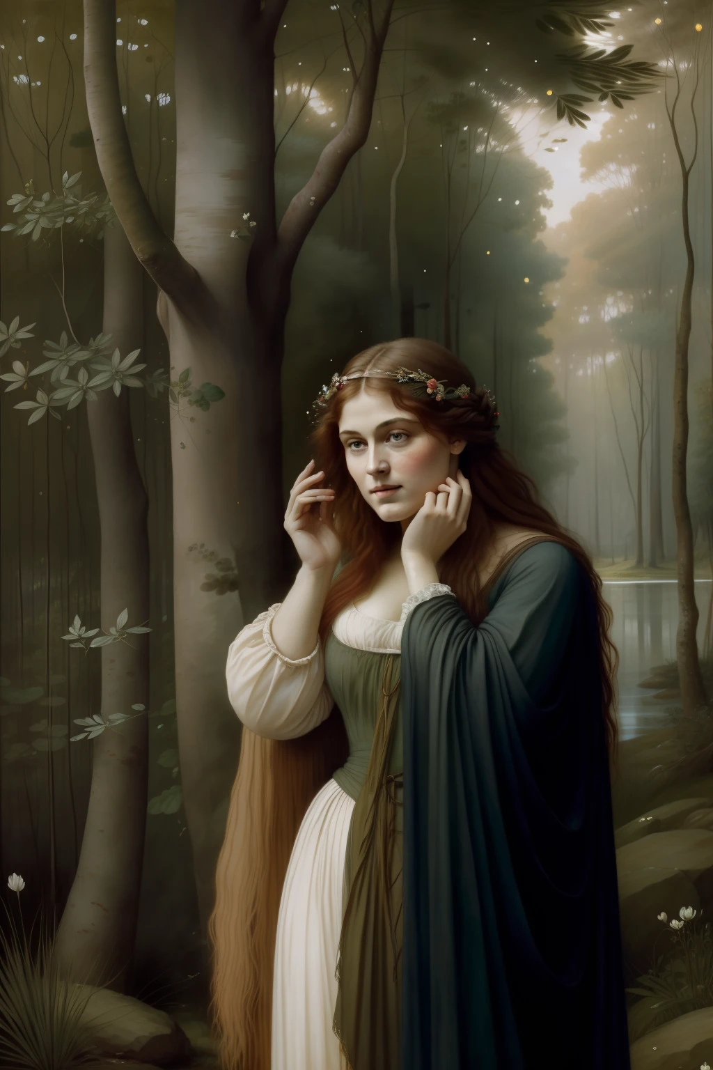 Floresta encantada, Sabugueiros, Pre-Raphaelite painting. sabugueiros floridos. (((Pre-Raphaelite painting))) mulher selvagem, esconde no mato, sabugueiro, Shy, envergonhado, corar, esconder rosto, smile shy.