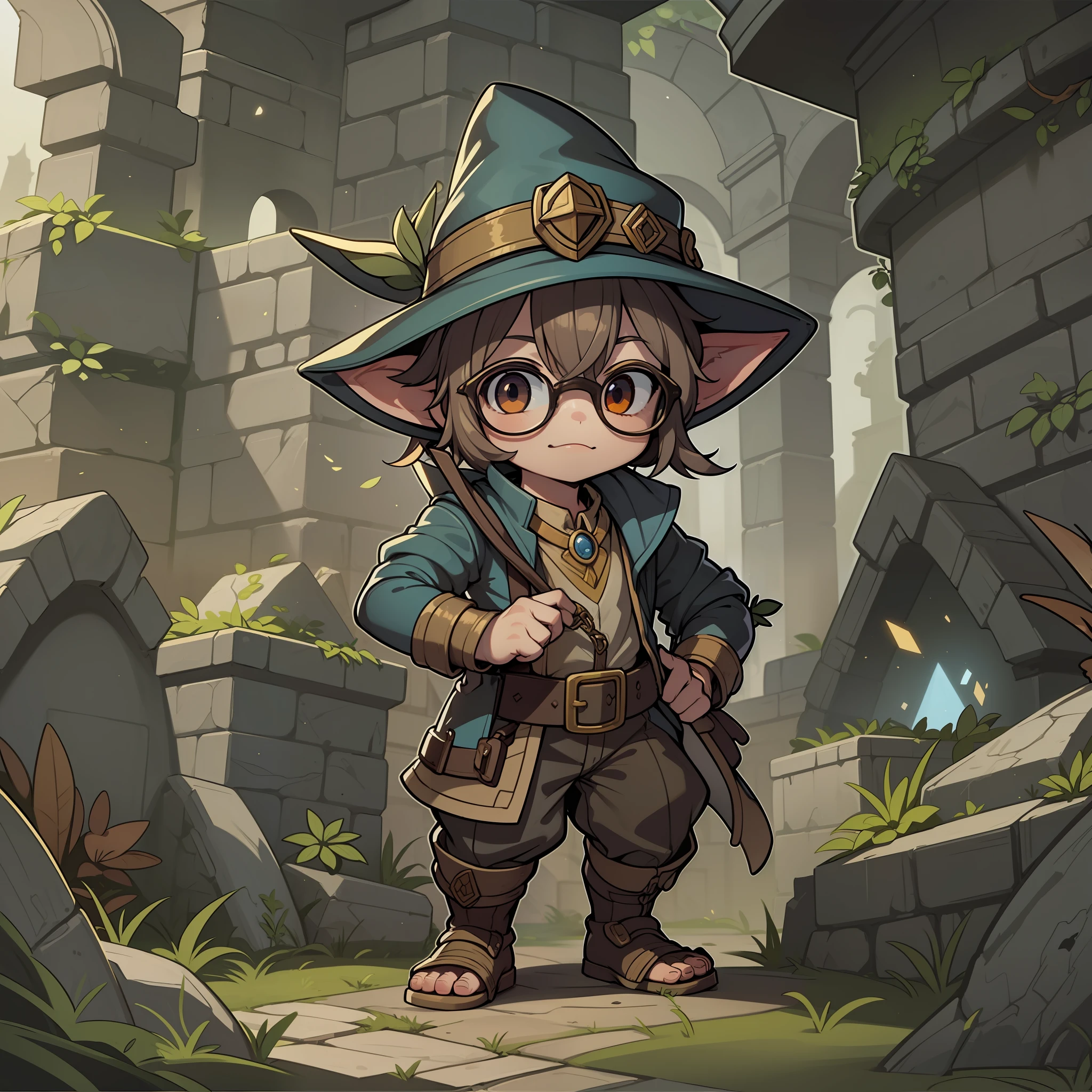 (Historiador masculino de Yordle, archaeologist, RPG, fantasia medieval, RPG Fantasia) | medium shot, design detalhado de personagens, ancient ruins, Exploring a Hidden Tomb, Mystical artifacts